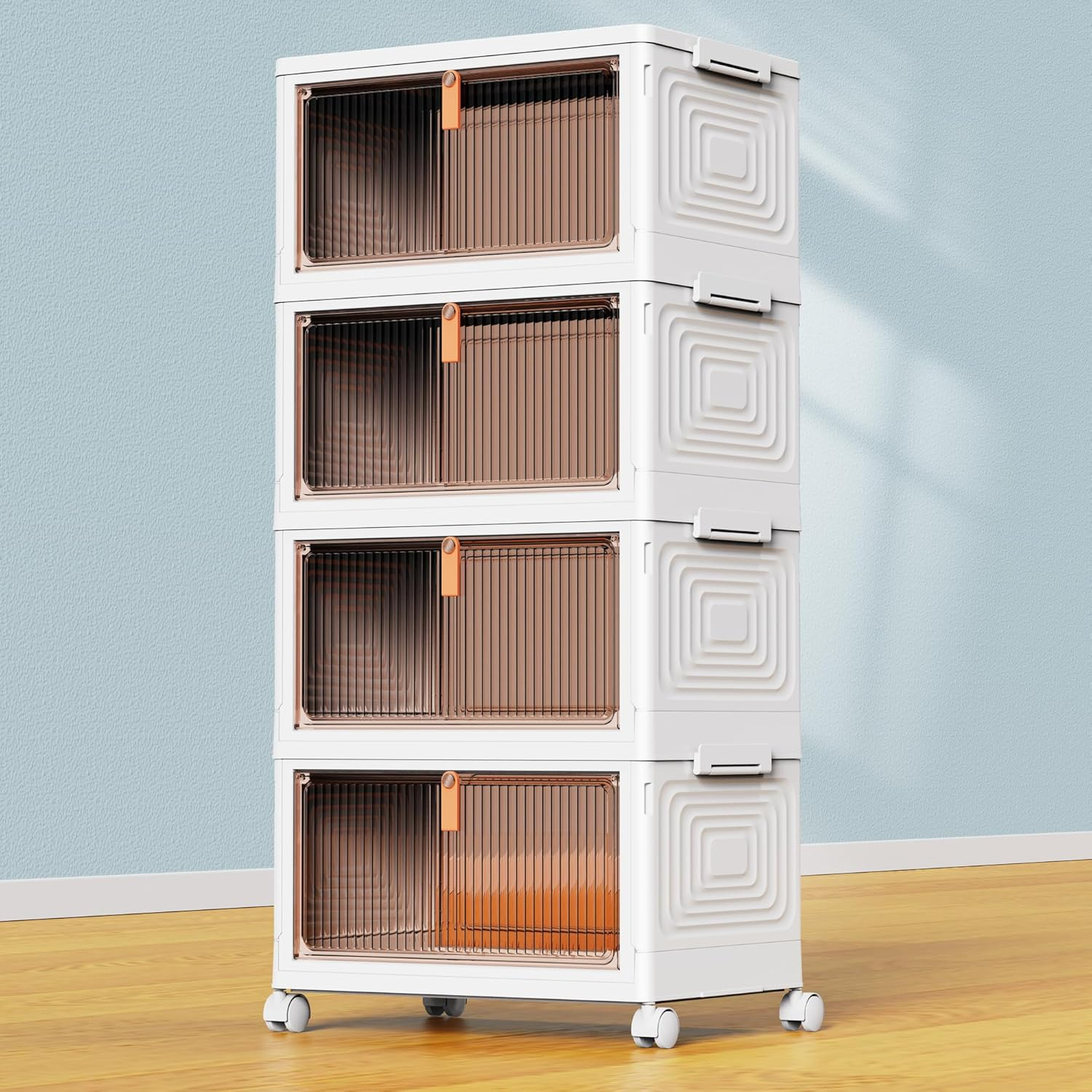 4 Tier Plastic Storage Bins with Lids 23QT, Stackable Storage Containers with Wheels, Folding Storage Boxes, Collapsible Storage Bins, Closet Organizers and Storage for Living Room,Office,Dorm