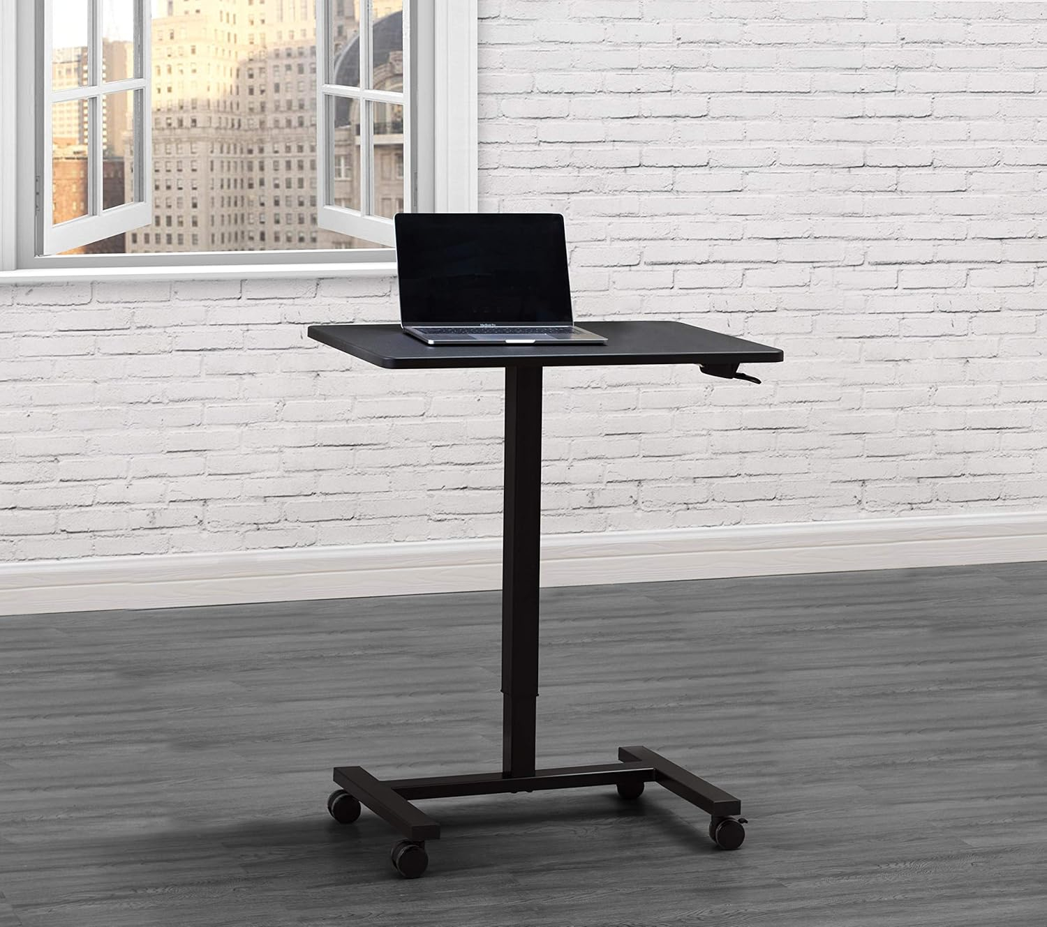 Sunjoy 27" Black Sit-Stand Adjustable Laptop Office Table Writing and Study Pneumatic Portable Standing Desk Cart with Four Locking Casters