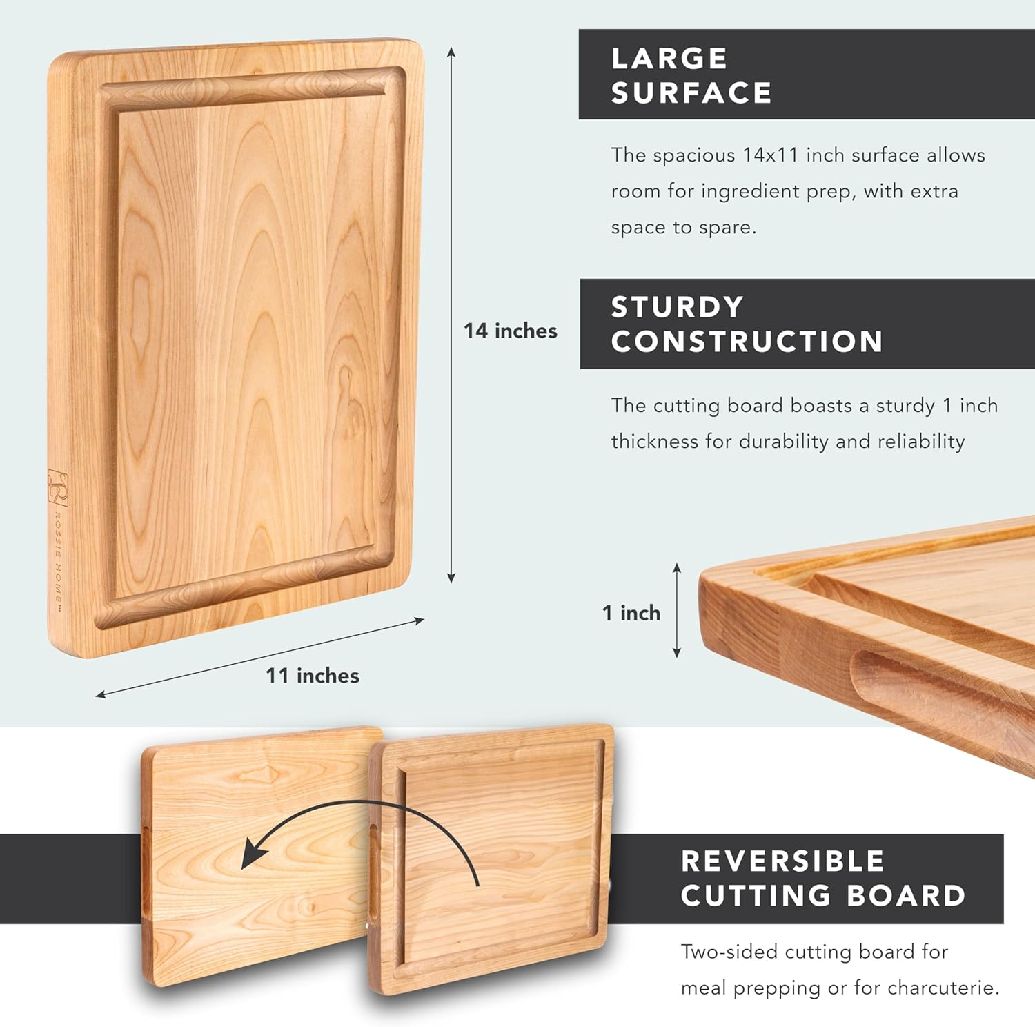 Rossie Home Blonde Maple Reversible Cutting Board with Juice Grooves, 14" x 11" x 1"