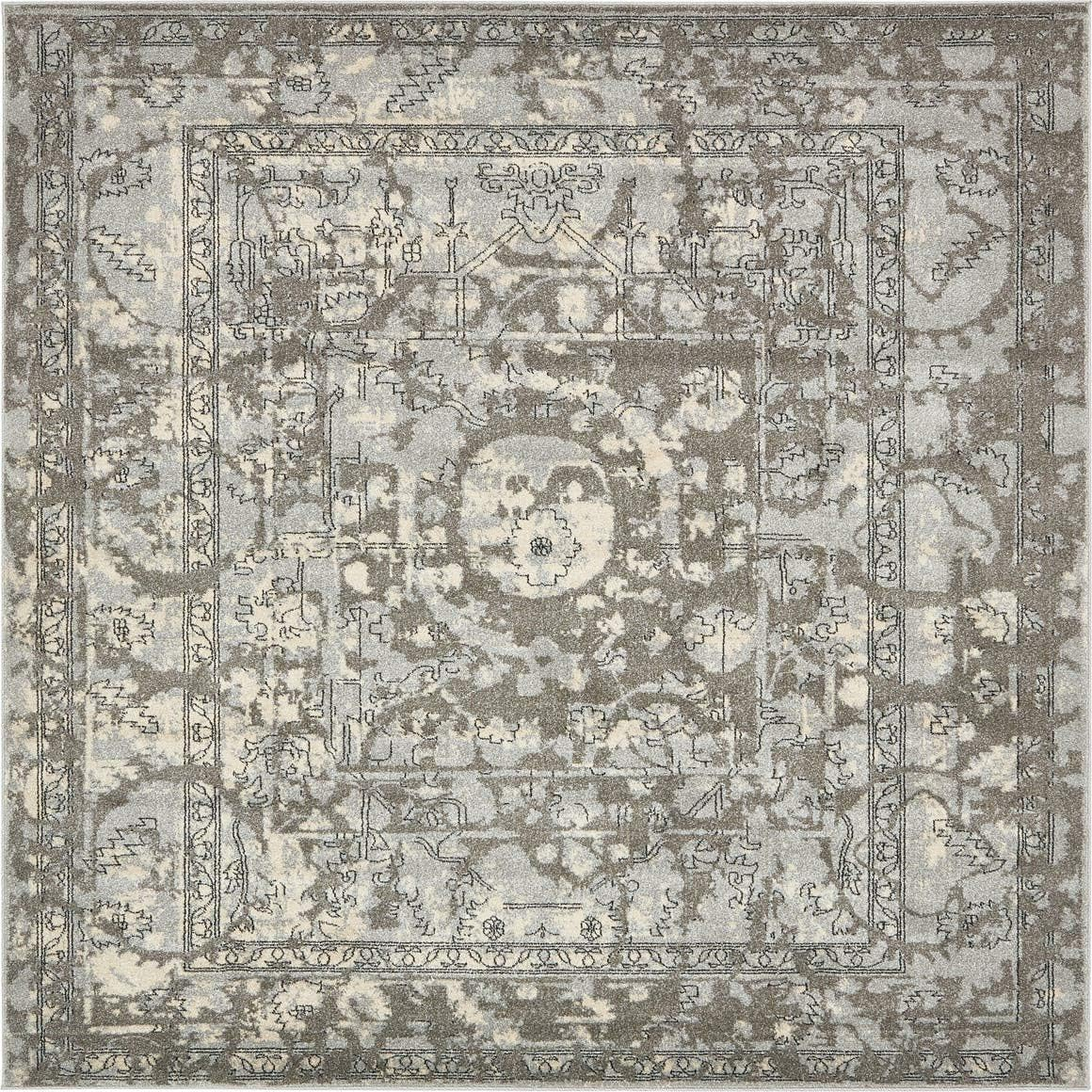 Unique Loom Vintage La Jolla 8 x 8 (ft) Loomed Polypropylene Gray/Silver Square Indoor Border Vintage Area rug