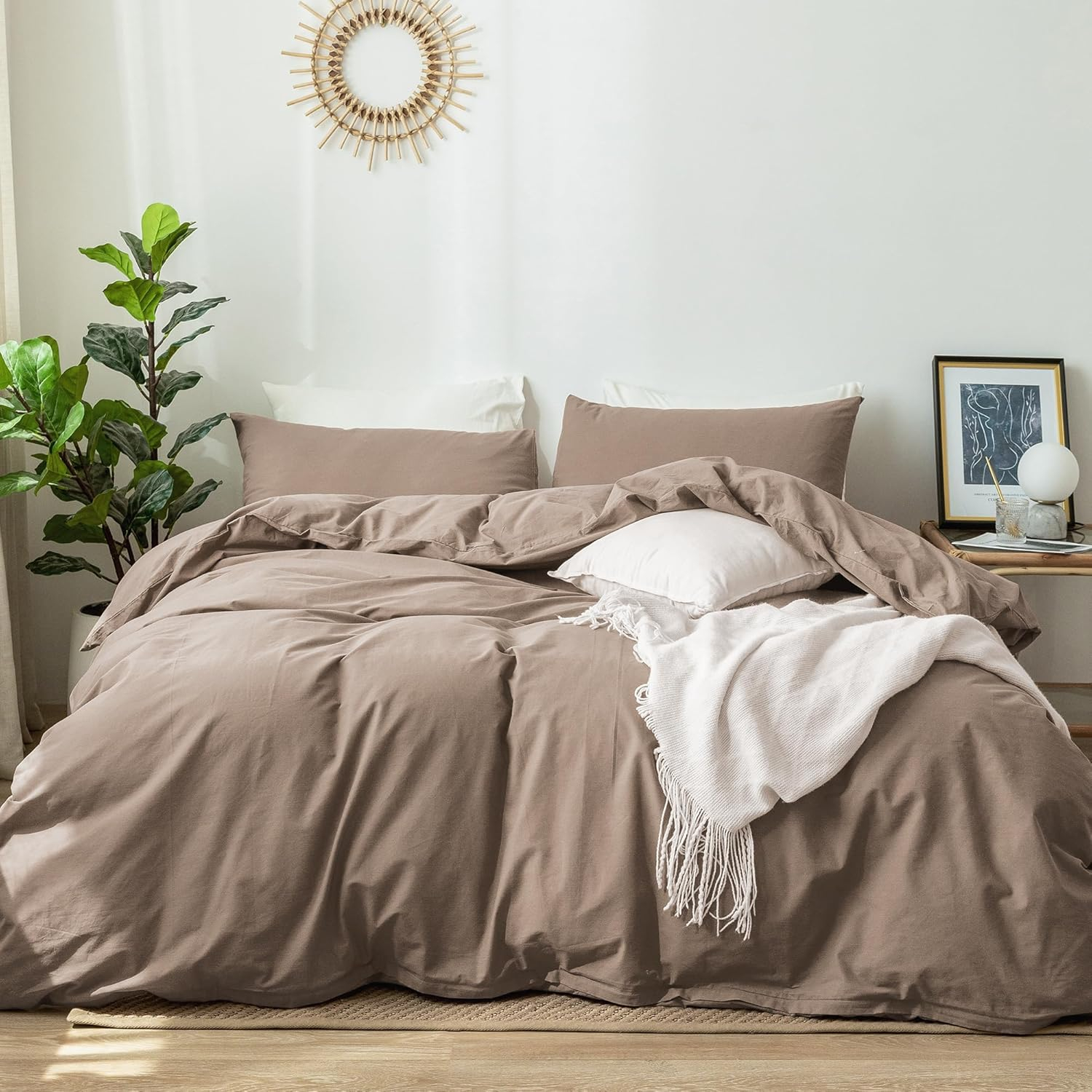 MooMee Washed Cotton Duvet Cover Set Linen Like Textured Breathable 3-Piece (Brown, Queen)