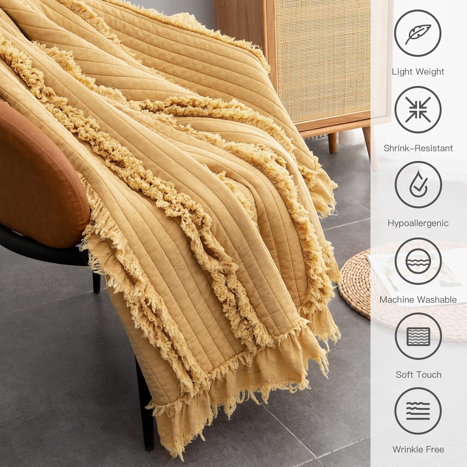 Ultra Soft Quilted Throw Blanket with Ruffle Fringe Pre-Washed, Boho Decor in Stone Washed Yellow, Rustic Chic Blanket for Sofa, Couch, Bed, or Chair,90"x 90"