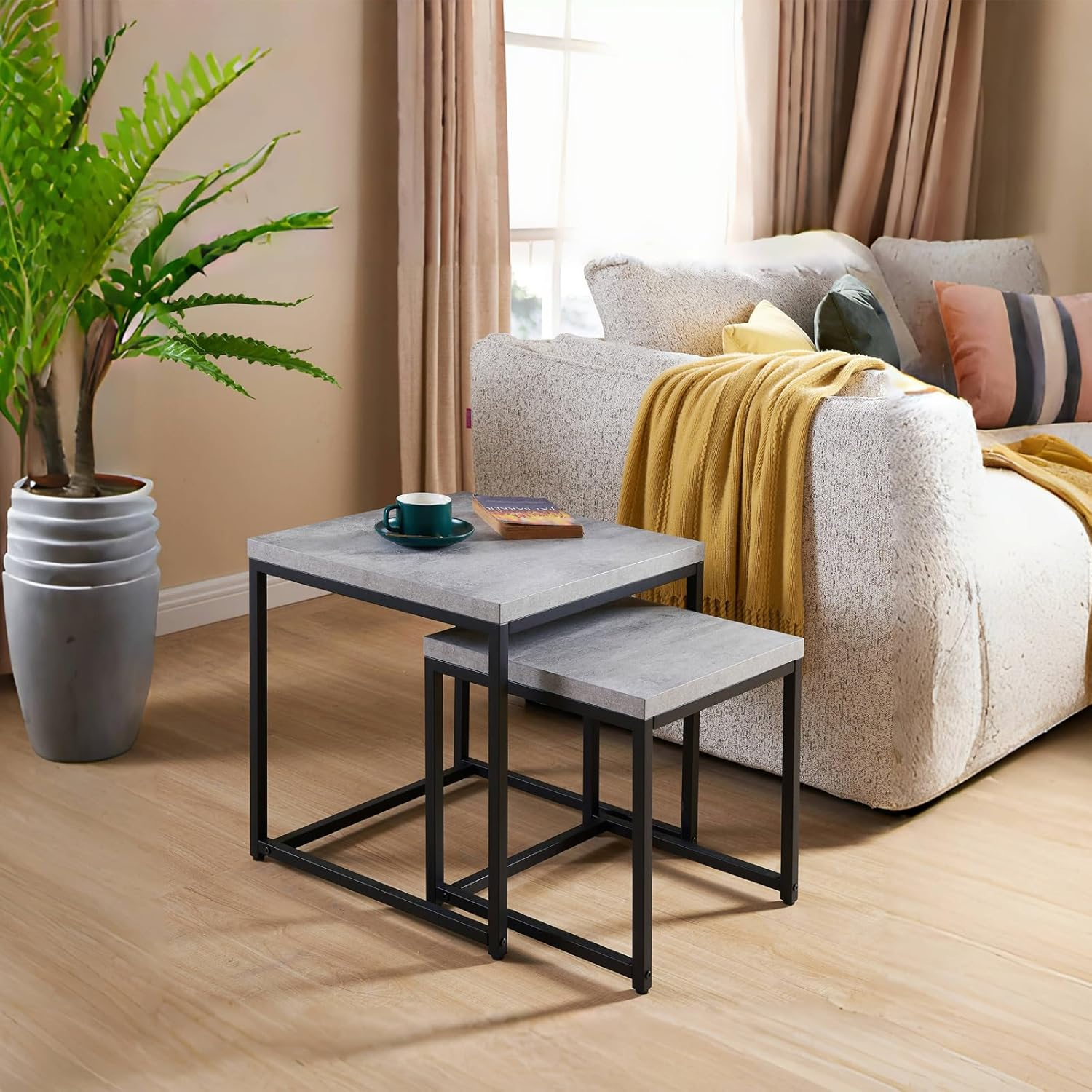 Censi Nesting Coffee Table, Industrial, Wood and Metal, Gray (Set of 2) End Table