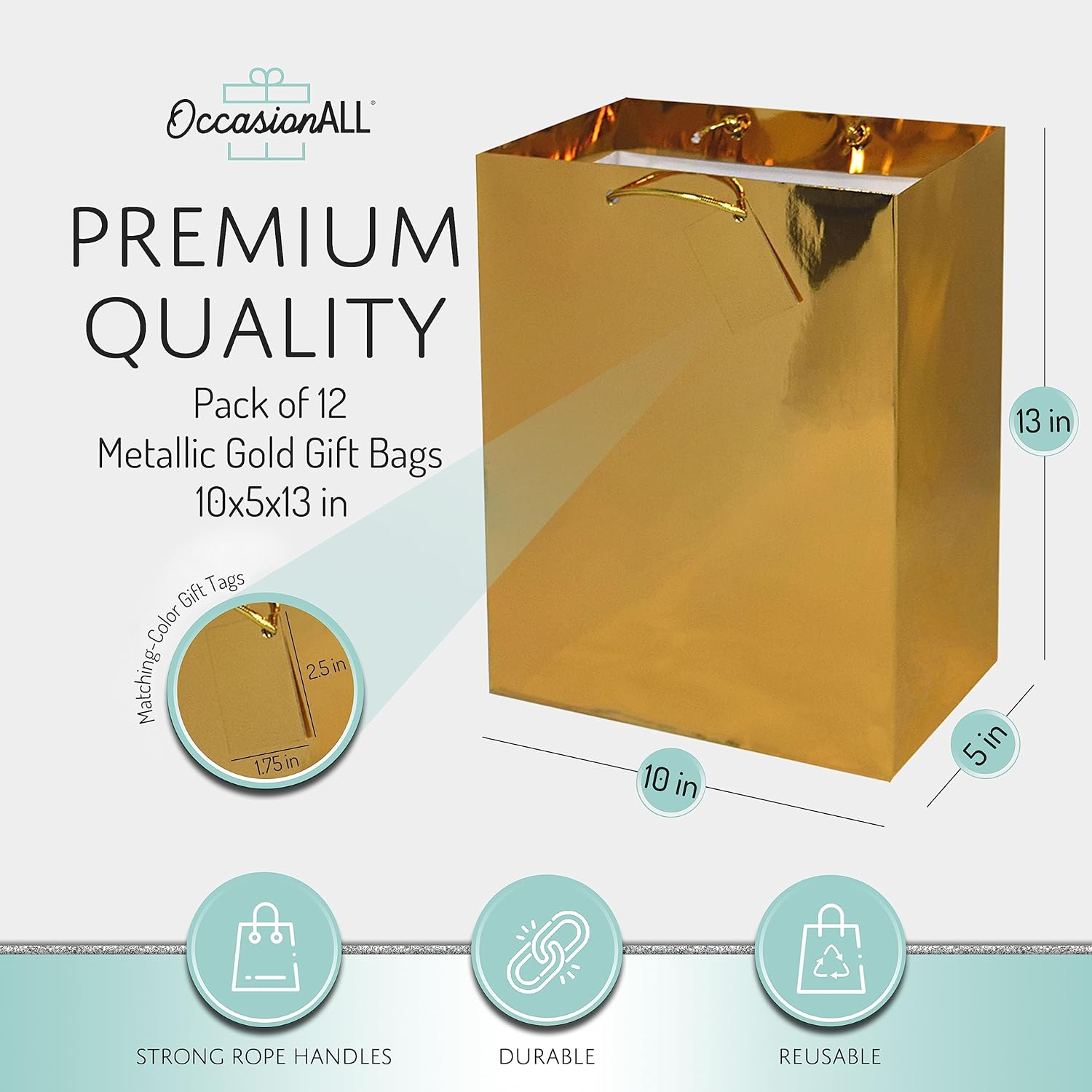 10x13x5" 12 Pcs. Large Metallic Gold Paper Gift Bags with Metallic Handles, Party Favor Bags for Birthday Parties, Weddings Gifts C8