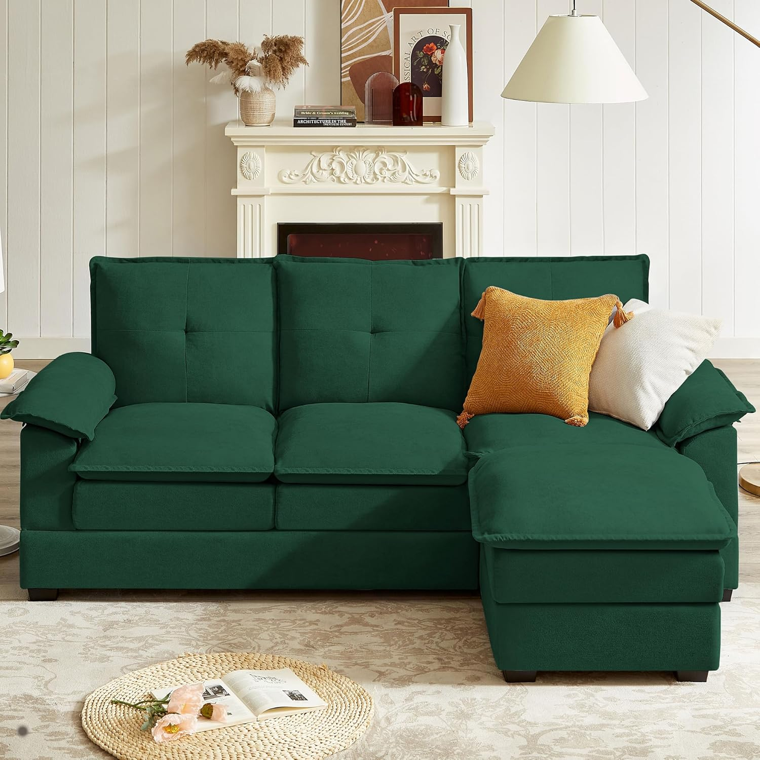 82" Convertible Sectional Sofa, L-Shaped Comfy Cloud Couch with Reversible Chaise and Padded Armrests, Modern Polyester 3 Seat Sofa Couches for Living Room (Green)