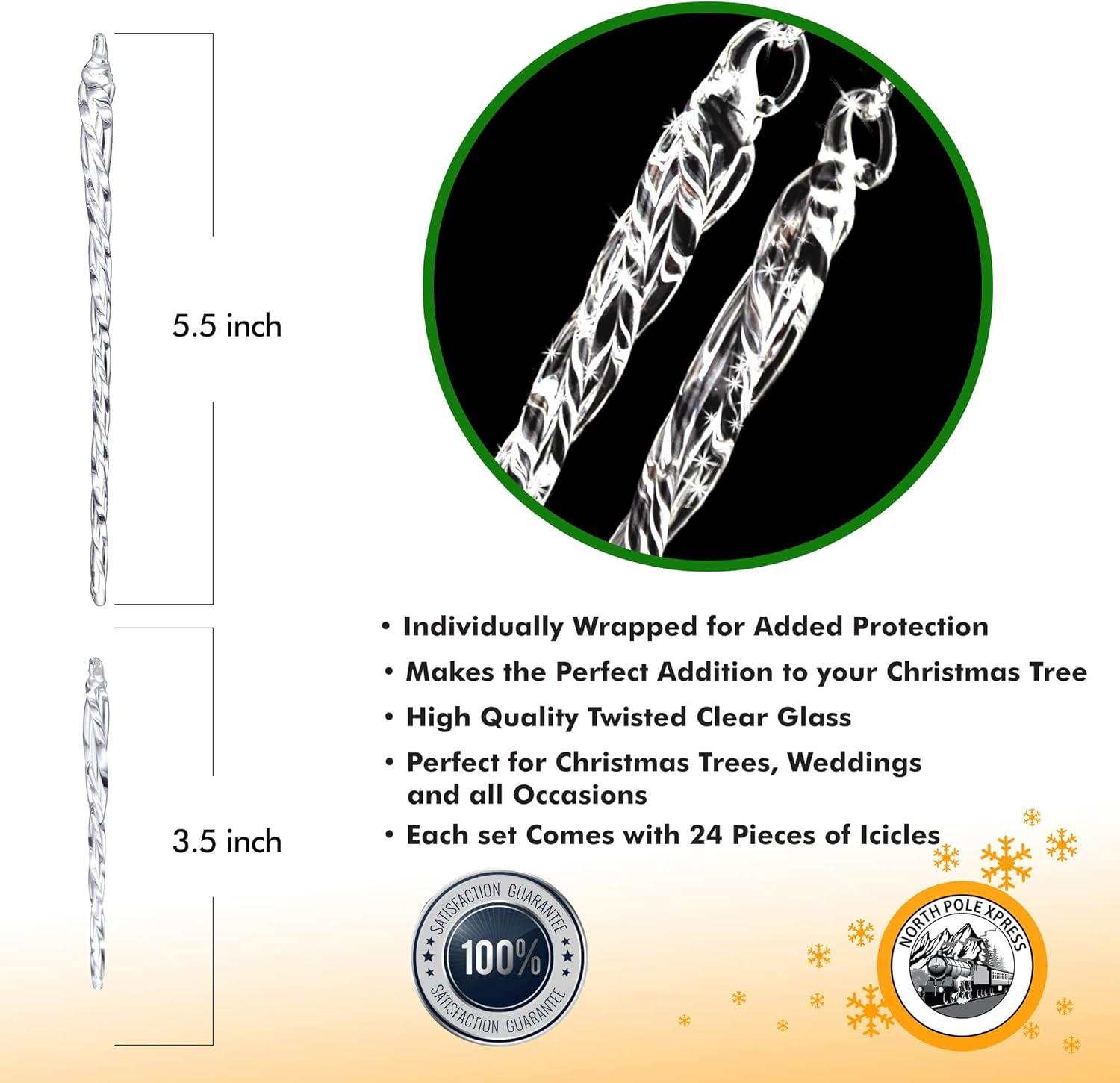 NorthPoleXpress Twisted Clear Glass Icicle Christmas Ornaments for Christmas Trees - Set of 24, Perfect for White Or Silver Crystal Winter Frost Look!