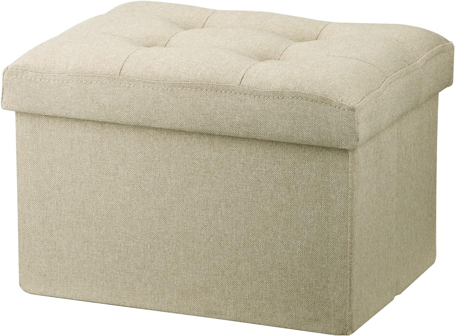 LINMAGCO Small Storage Ottoman Stool - Folding Foot Rest Under Desk Stool - 16X12X12IN Linen Cloth Beigh
