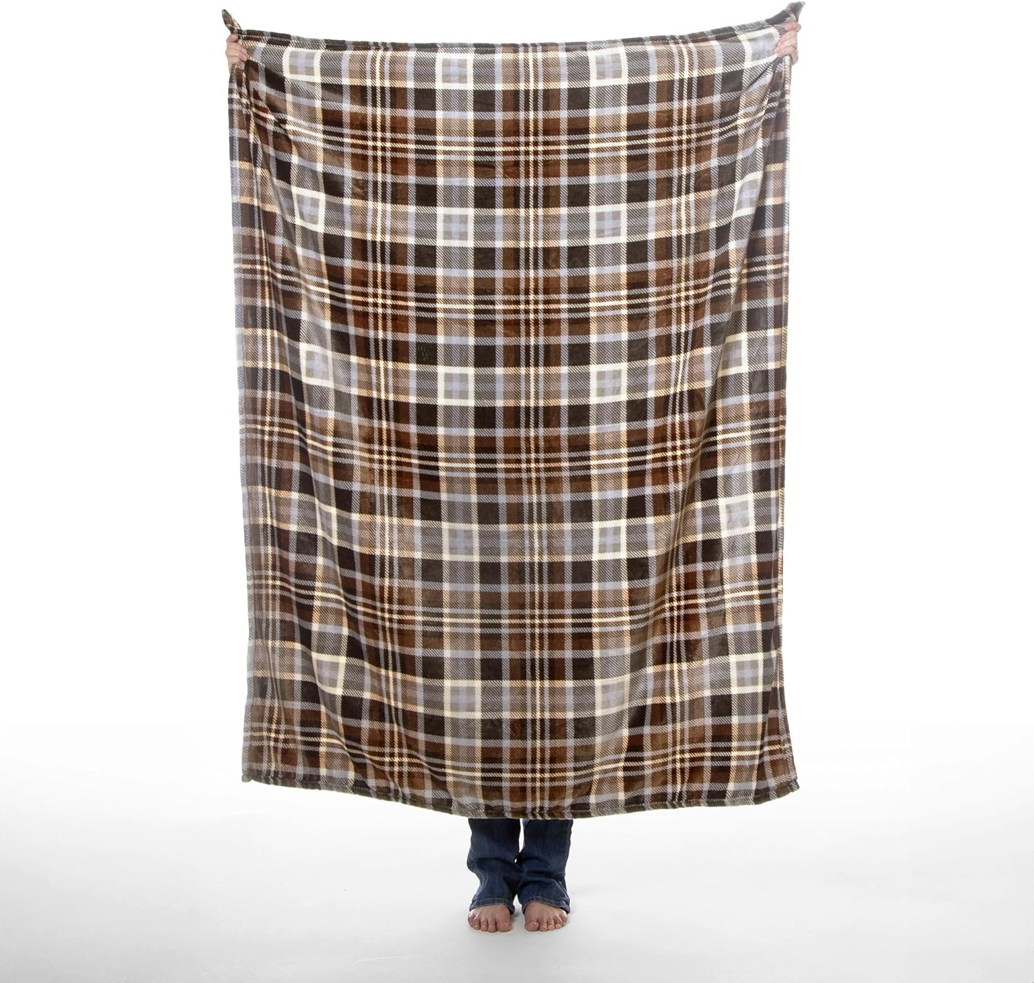 King Size Gray and Chestnut Plaid Fleece Travel Blanket