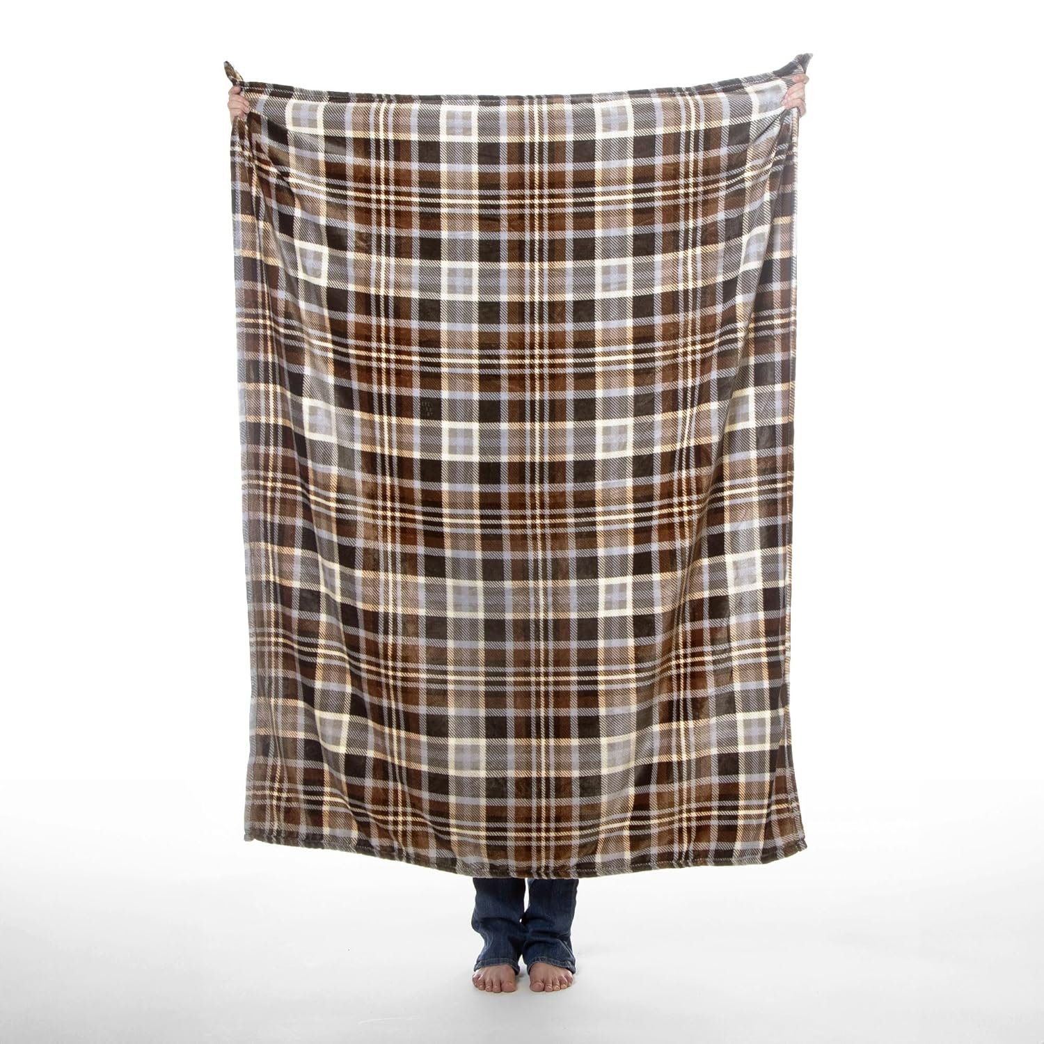 King Size Gray and Chestnut Plaid Fleece Travel Blanket