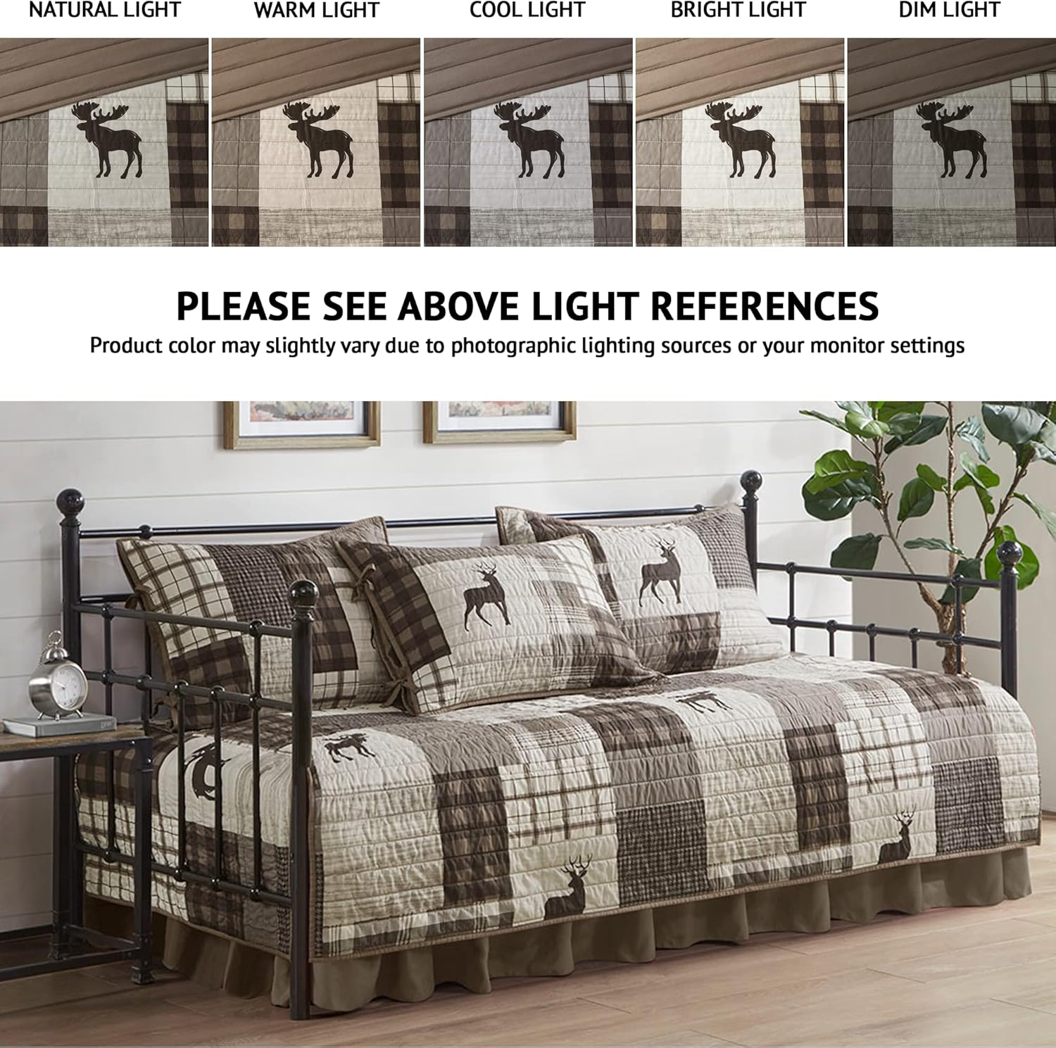 Woolrich Daybed Cover Set - Cabin Lifestyle, Patchwork with Moose Design All Season, Lightweight and Breathable Cozy Bedding Layer with Bedskirt, Matching Shams, 39" W x 75" L, Woodshed Brown 5 Piece