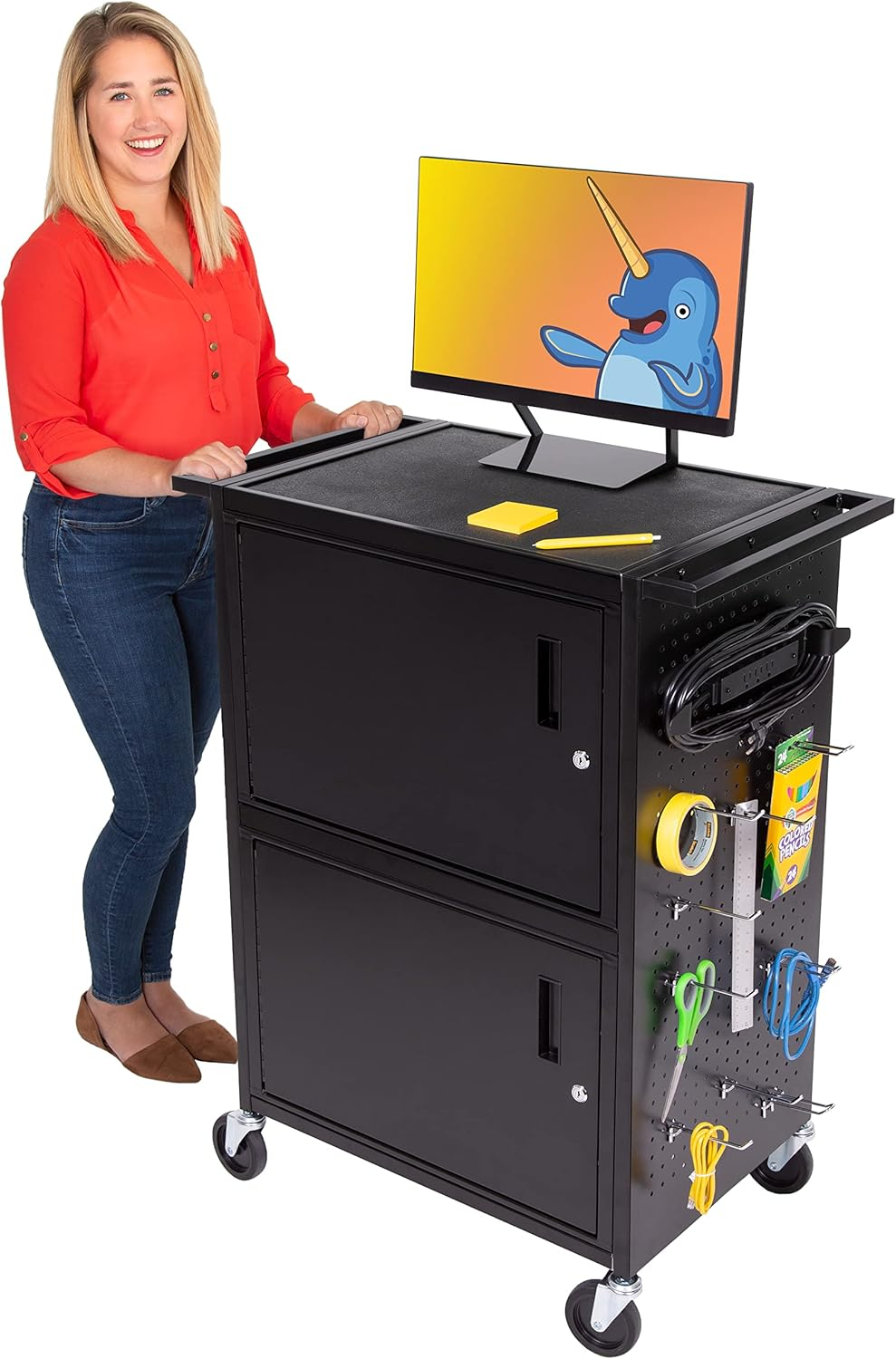 Line Leader Stellar AV Cart / Carro para Computadora con Guarnición de Tablero Perforado y 12 Ganchos para Almacenamiento/armario de Bloqueo Personalizable y Bandeja para Teclado Extraíble / Tomas de Corriente Certificadas de Seguridad UL / Ruedas de Bloqueo
