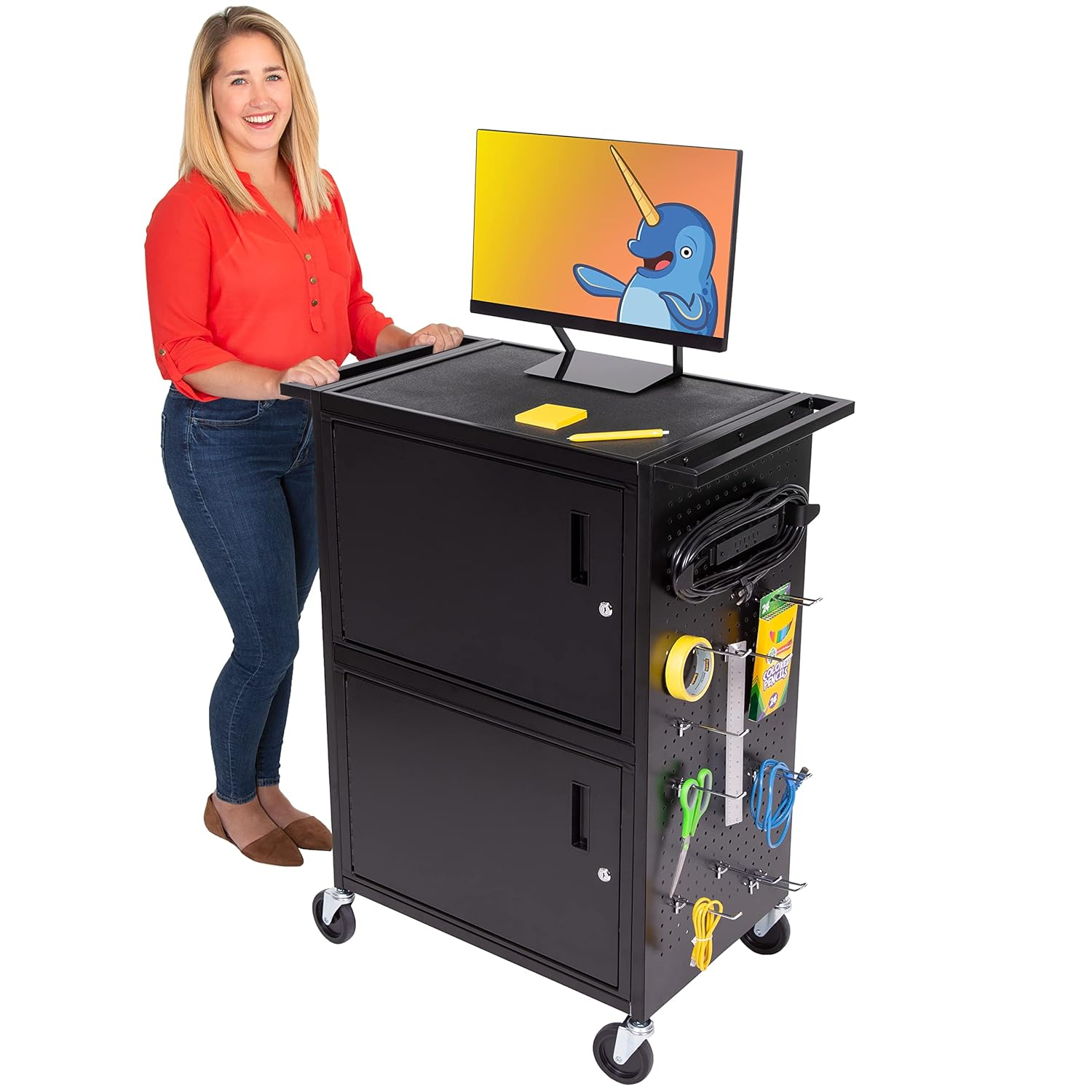 Line Leader Stellar AV Cart / Carro para Computadora con Guarnición de Tablero Perforado y 12 Ganchos para Almacenamiento/armario de Bloqueo Personalizable y Bandeja para Teclado Extraíble / Tomas de Corriente Certificadas de Seguridad UL / Ruedas de Bloqueo