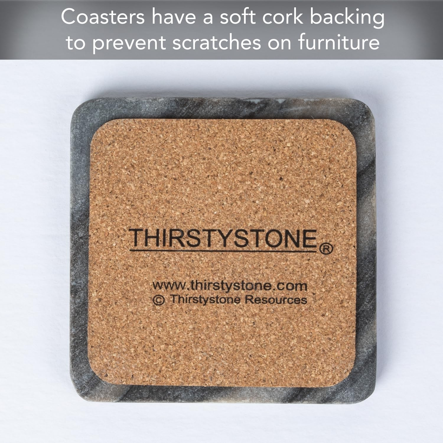 Thirstystone 4 Pack Natural Marble Square Coasters with Protective Cork Backing, Elegant, Luxourious, Easily Wipes Clean