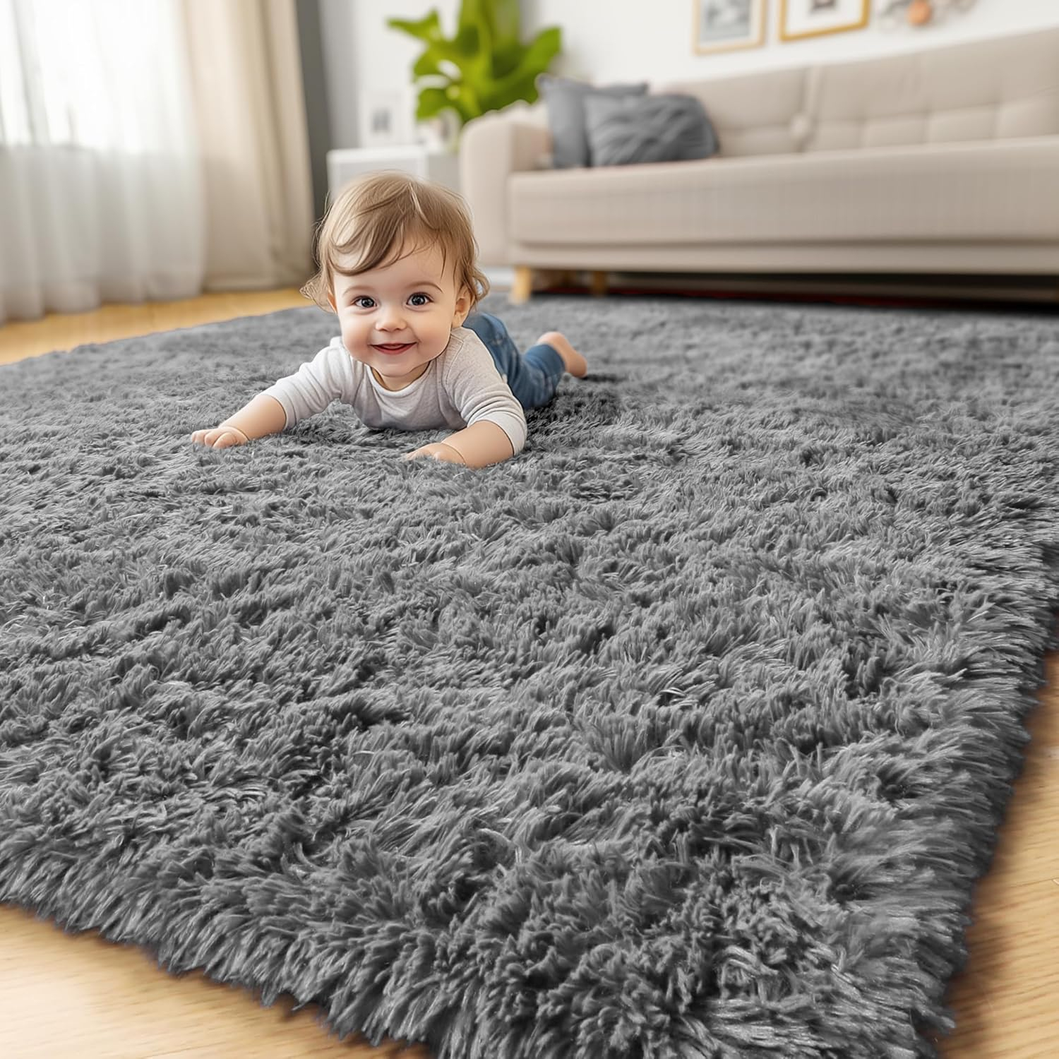 Amdrebio Grey Modern Large Living Room Rugs 6x9, Fluffy Area Rug for Bedroom, Shaggy Indoor Carpet for Kids Room Decor, Fuzzy Big Carpets for Playroom, Plush Thick Farmhouse Rugs, Soft Shag Fur Rug