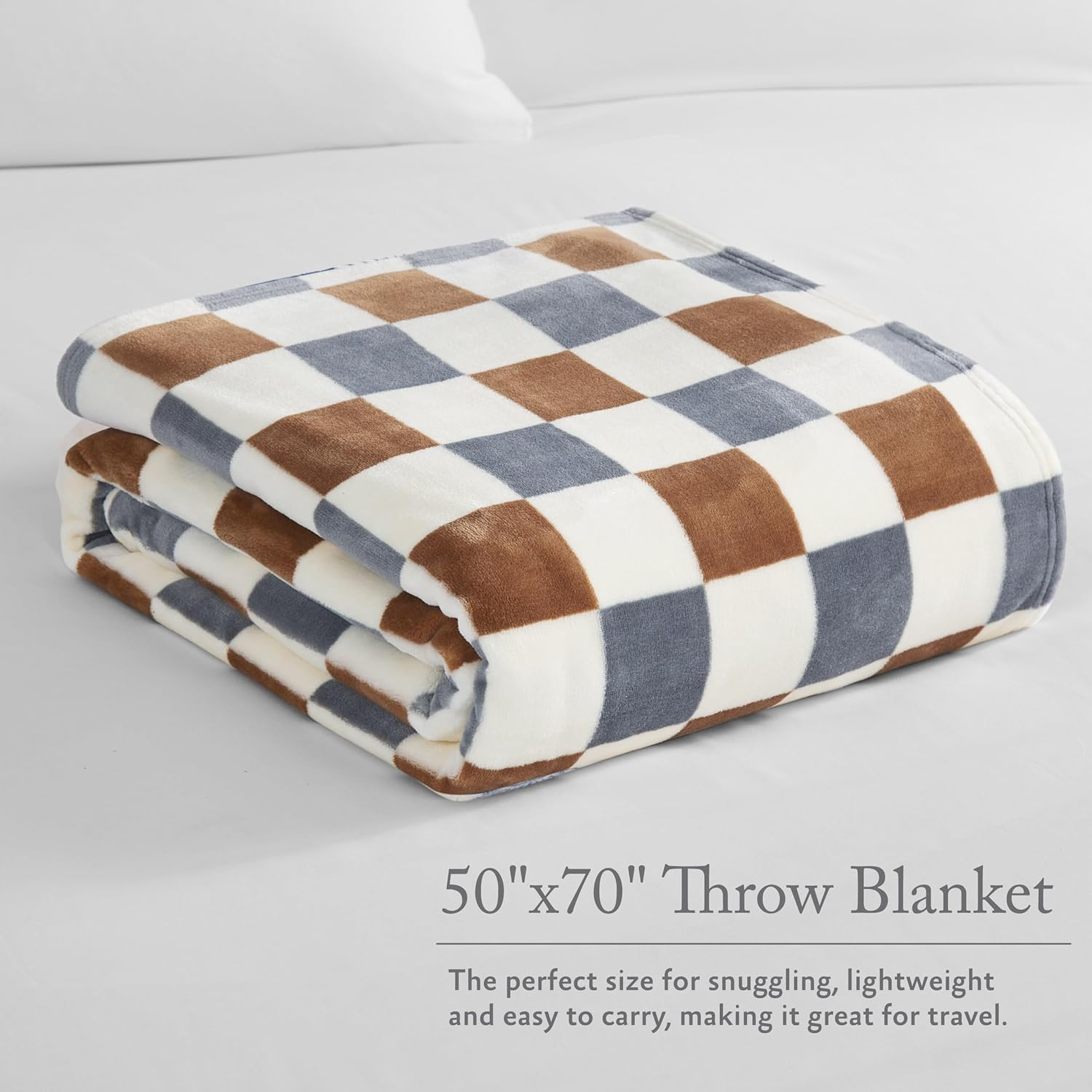 Jessica Simpson Plush 50"X70" Throw Blanket - Emery Checkerboard Rust/Grey- Luxurious Plush Blanket for Ultimate Comfort and Cozy Warmth