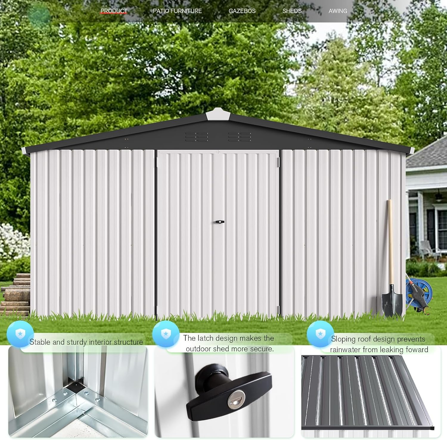 AECOJOY 12' x 12' Outdoor Storage Shed with Lockable Door Patio Metal Garden Storage Building in White for Outside
