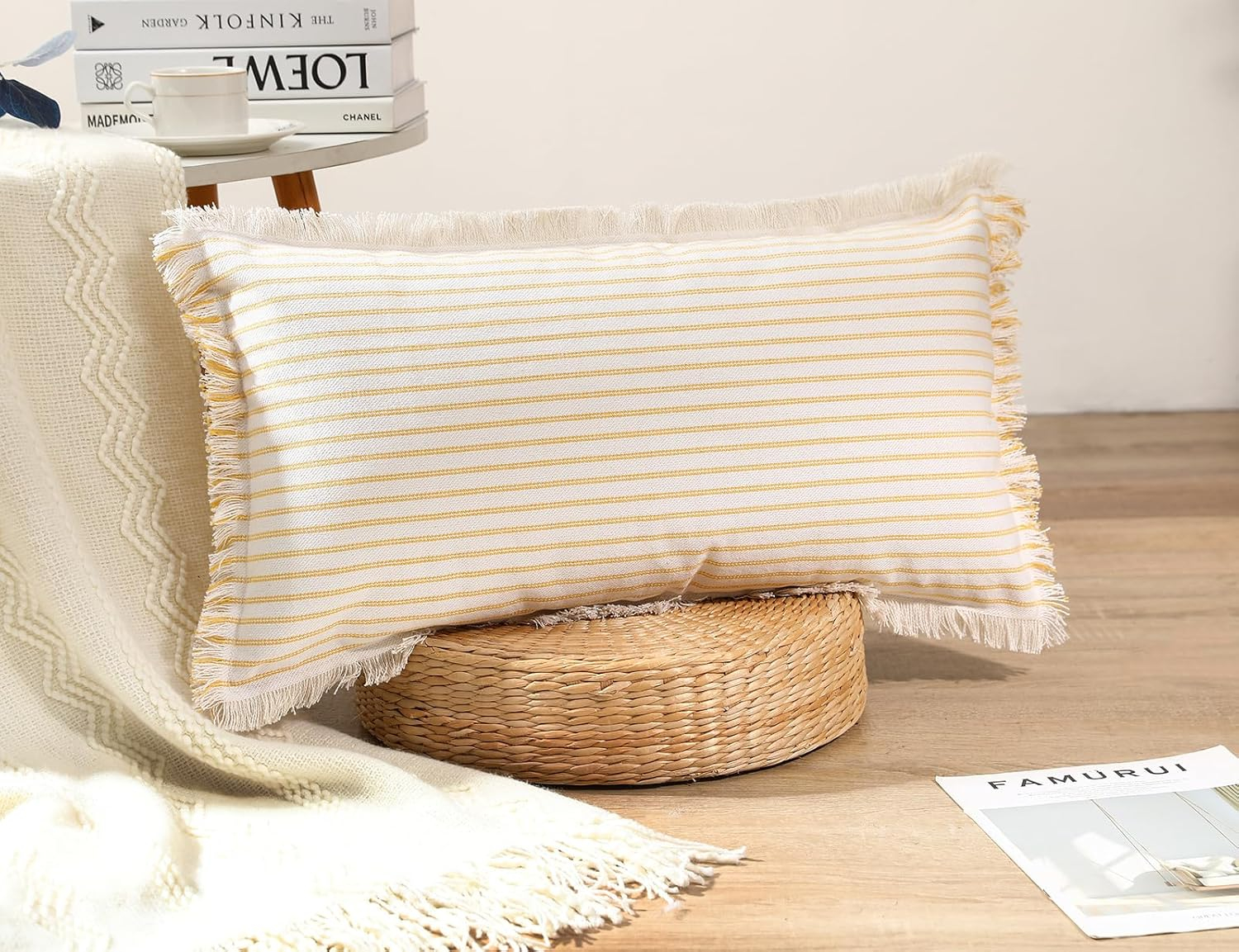 PANOD Decorative Boho Long Lumbar Pillow Cover 14x22,Super Soft Cotton Modern Long Rectangle Pillow Cover Pillow Case for Bed Sofa Couch Farmhouse Livingroom,Yellow