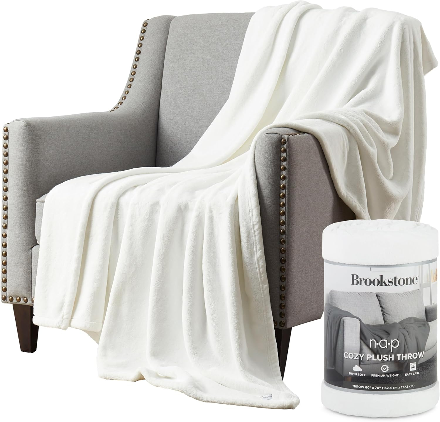 Brookstone Nap Plush Throw 60x70, Solid, White, Adult