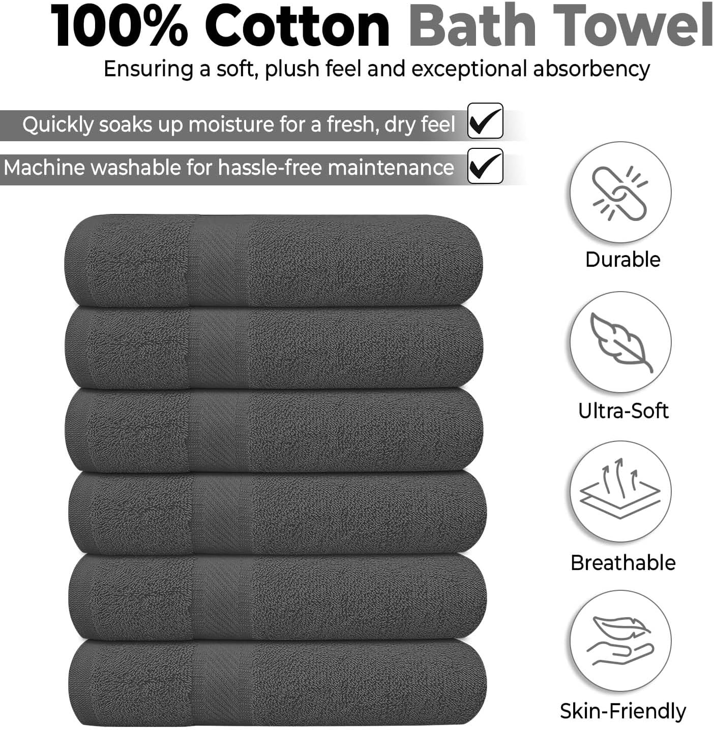 Grey 27x54 Inch 100% Cotton Quick Dry Bath Towel Set