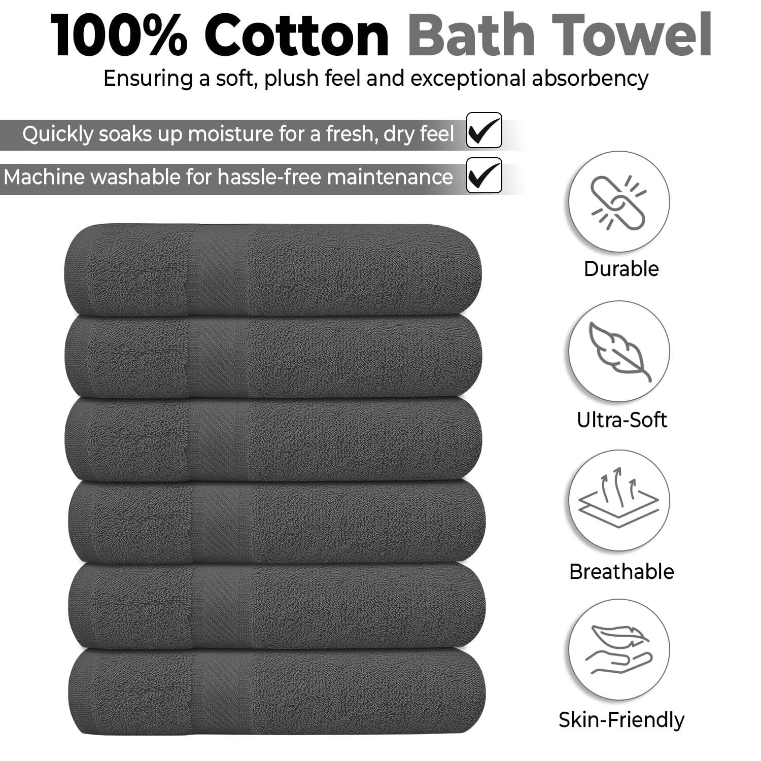 Grey 27x54 Inch 100% Cotton Quick Dry Bath Towel Set