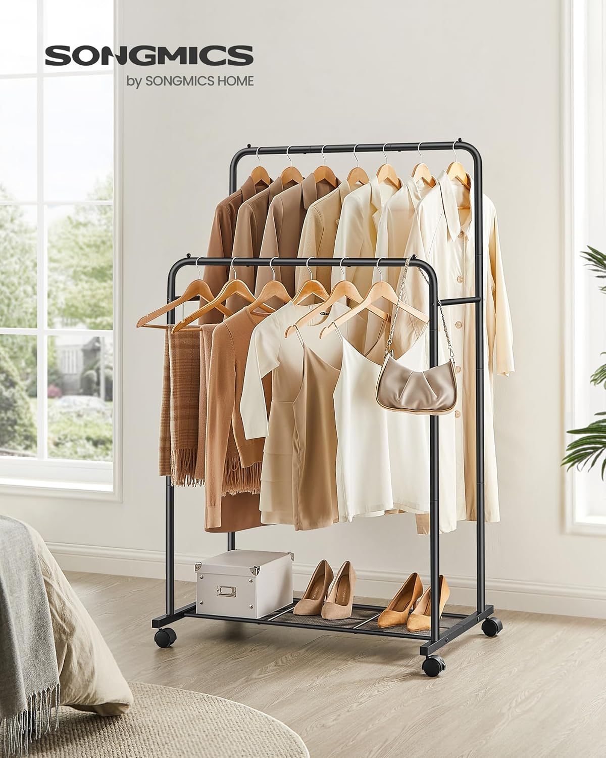 Black Steel Double Rod Portable Clothes Rack with Mesh Shelf