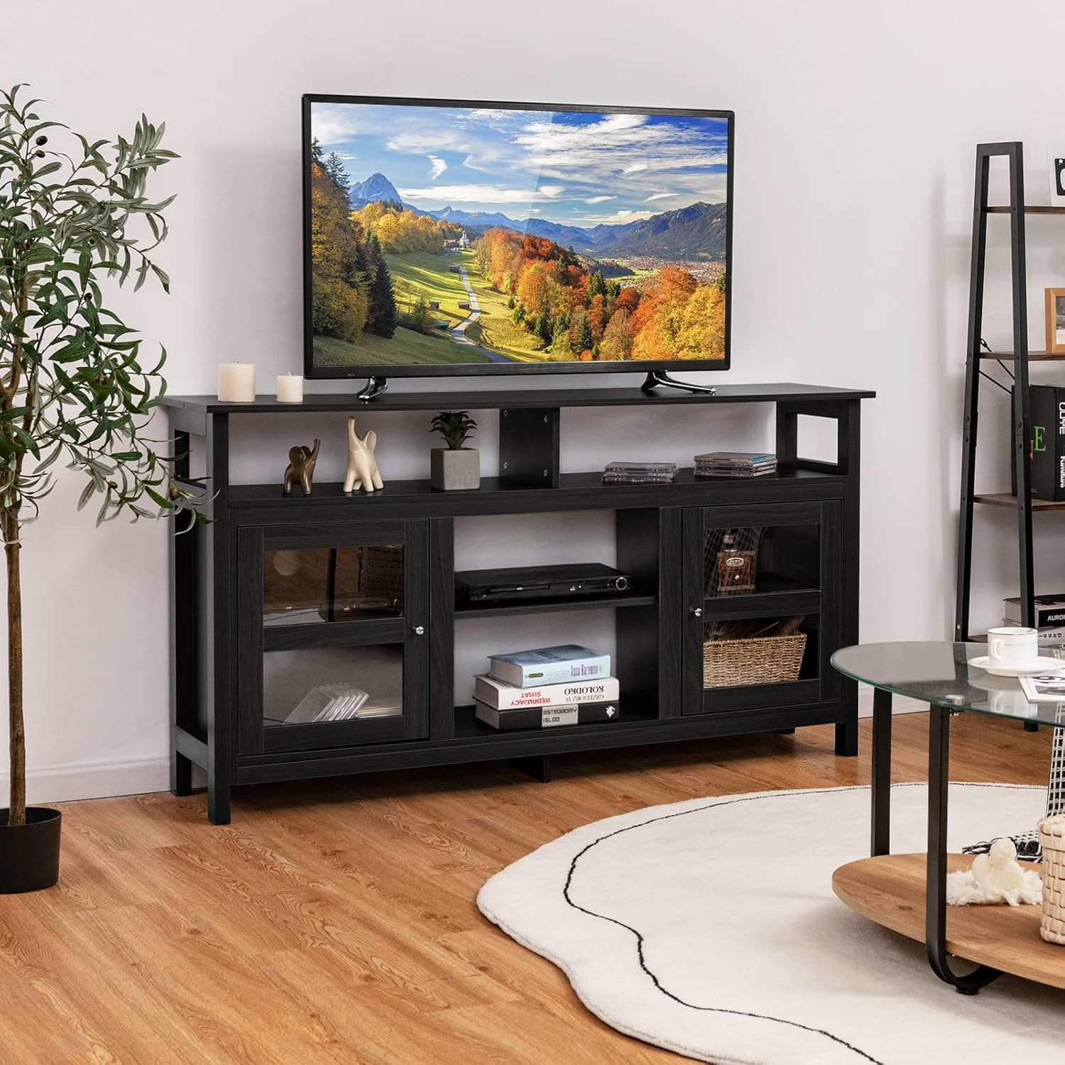 Tangkula Farmhouse TV Stand for TVs up to 65" Flat Screen, Wooden TV Console Table w/2 Cabinets & 4 Shelves, Home Living Room Furniture, Entertainment Center for 18" Electric Fireplace (Not Included)