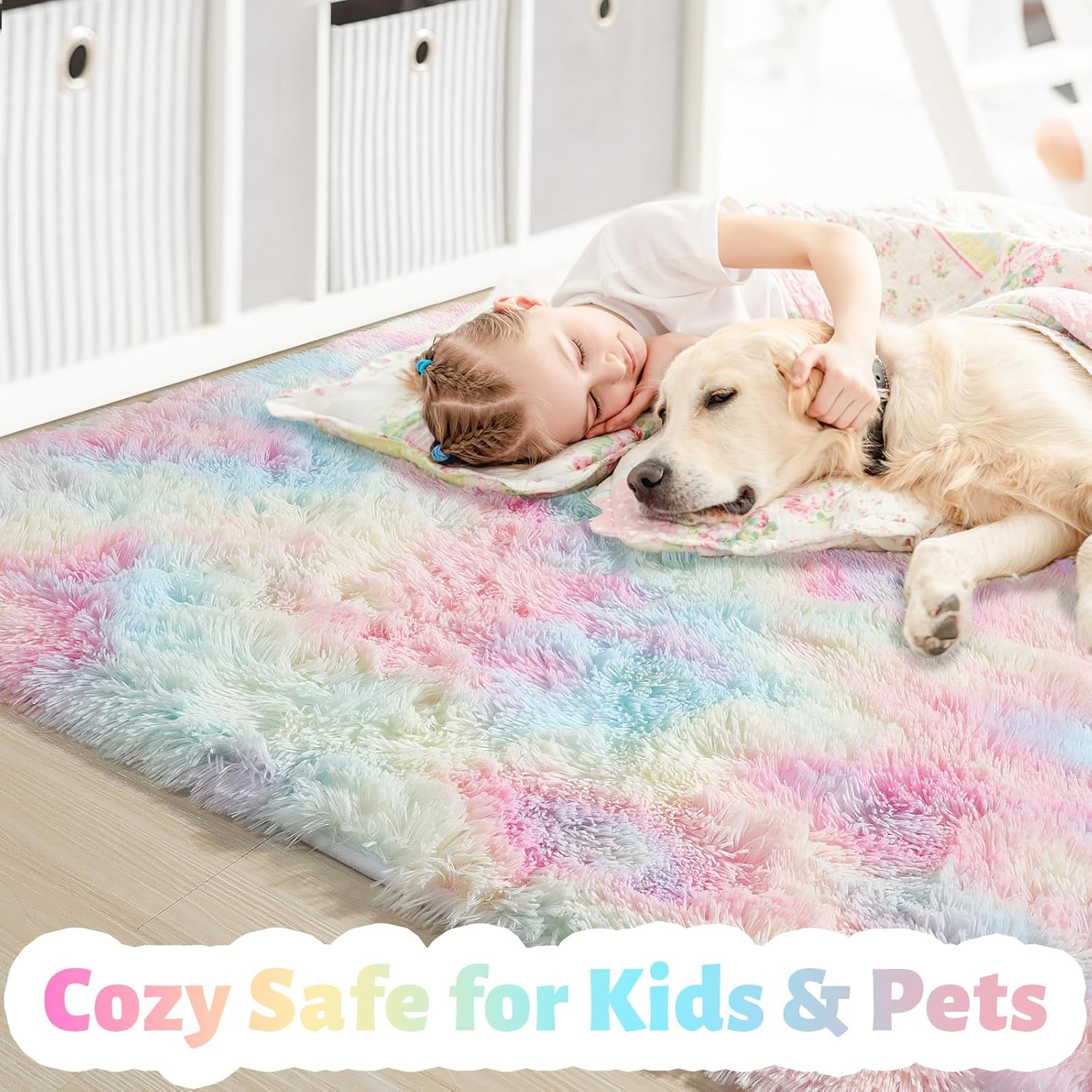 Amdrebio Rainbow Unicorn Colorful Kids Rugs for Girls Bedroom, 8x10 Fluffy Shag Area Rugs for Playroom Classroom, Large Pastel Room Decor Aesthetic, Cute Fuzzy Kawaii Princess Carpet for Baby Toddler