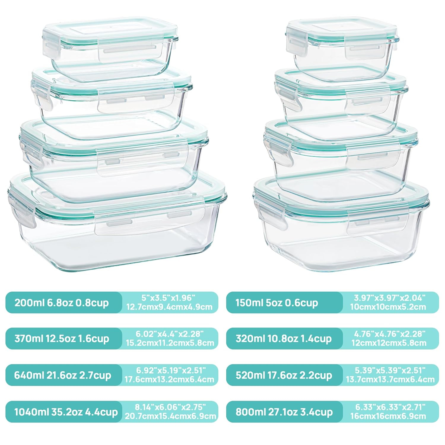 Vtopmart 8 Pack Glass Food Storage Containers with Airtight Lids, Glass Meal Prep Containers, Lunch Office Meal for Microwave, Oven, Freezer and Dishwasher, BPA Free