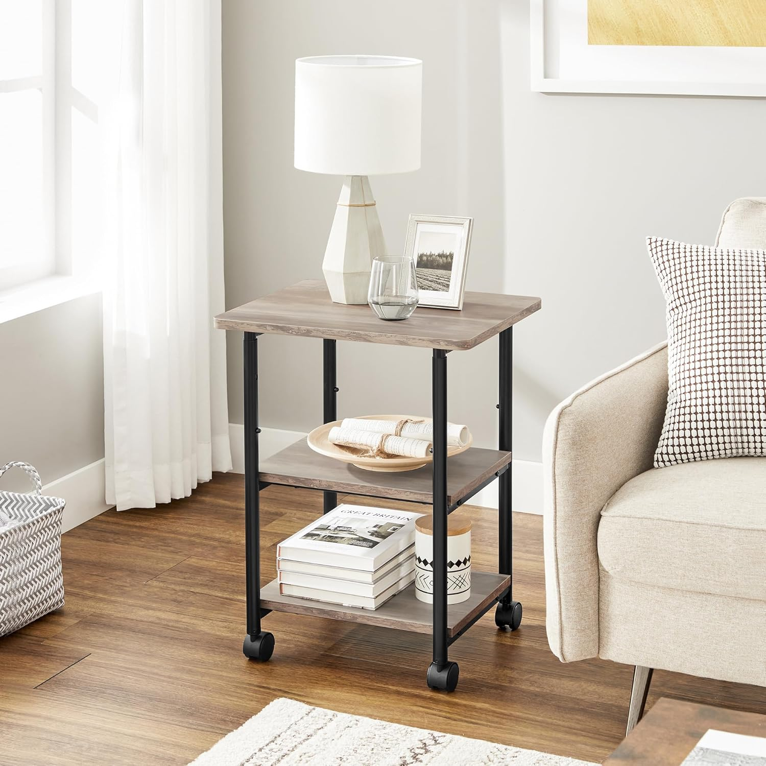 VASAGLE Printer Stand with Locking Wheels, 3-Tier Shelf, Industrial Under Desk Heavy-Duty Mobile Cart for Home Office, Heather Greige and Black UOPS003B02