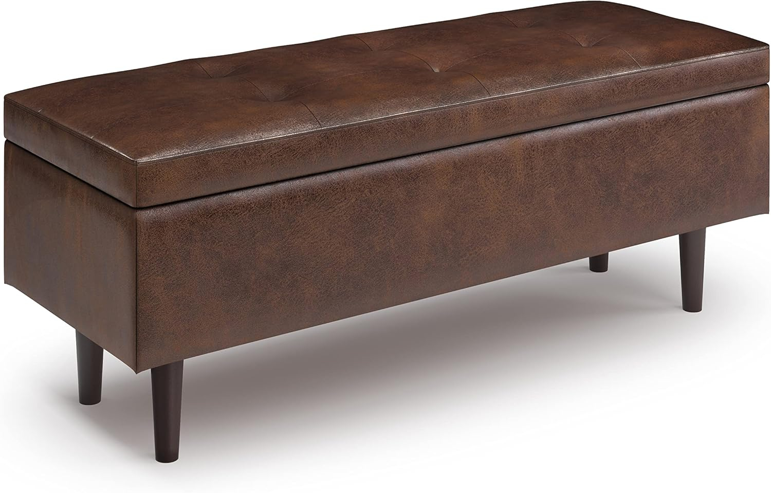 Simpli Home Shay 48 in.W Modern Storage Ottoman in Distressed Chestnut Brown Faux Leather