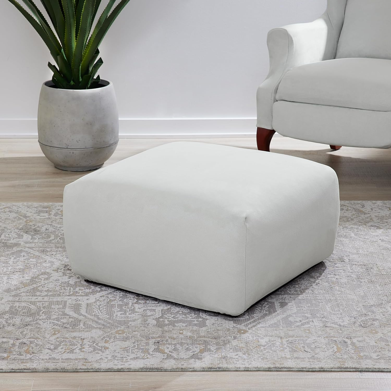 SureFit Ultimate Stretch Suede Square Ottoman Slipcover with Elastic Bottom, Single Light Gray Ottoman Cover
