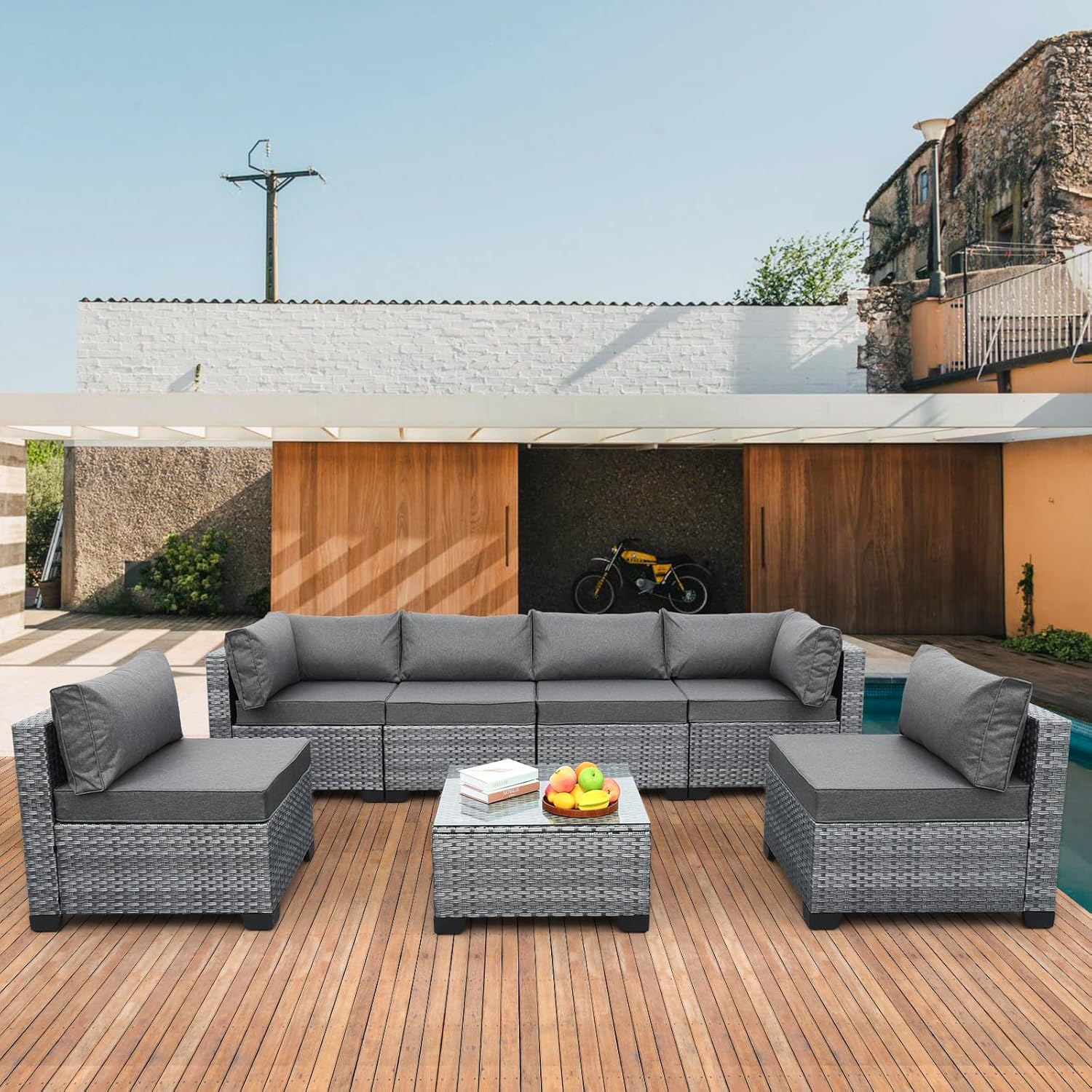 Valita 7 Piece Outdoor PE Wicker Furniture Set, Patio Gray Rattan Sectional Sofa Couch with Washable Grey Cushions