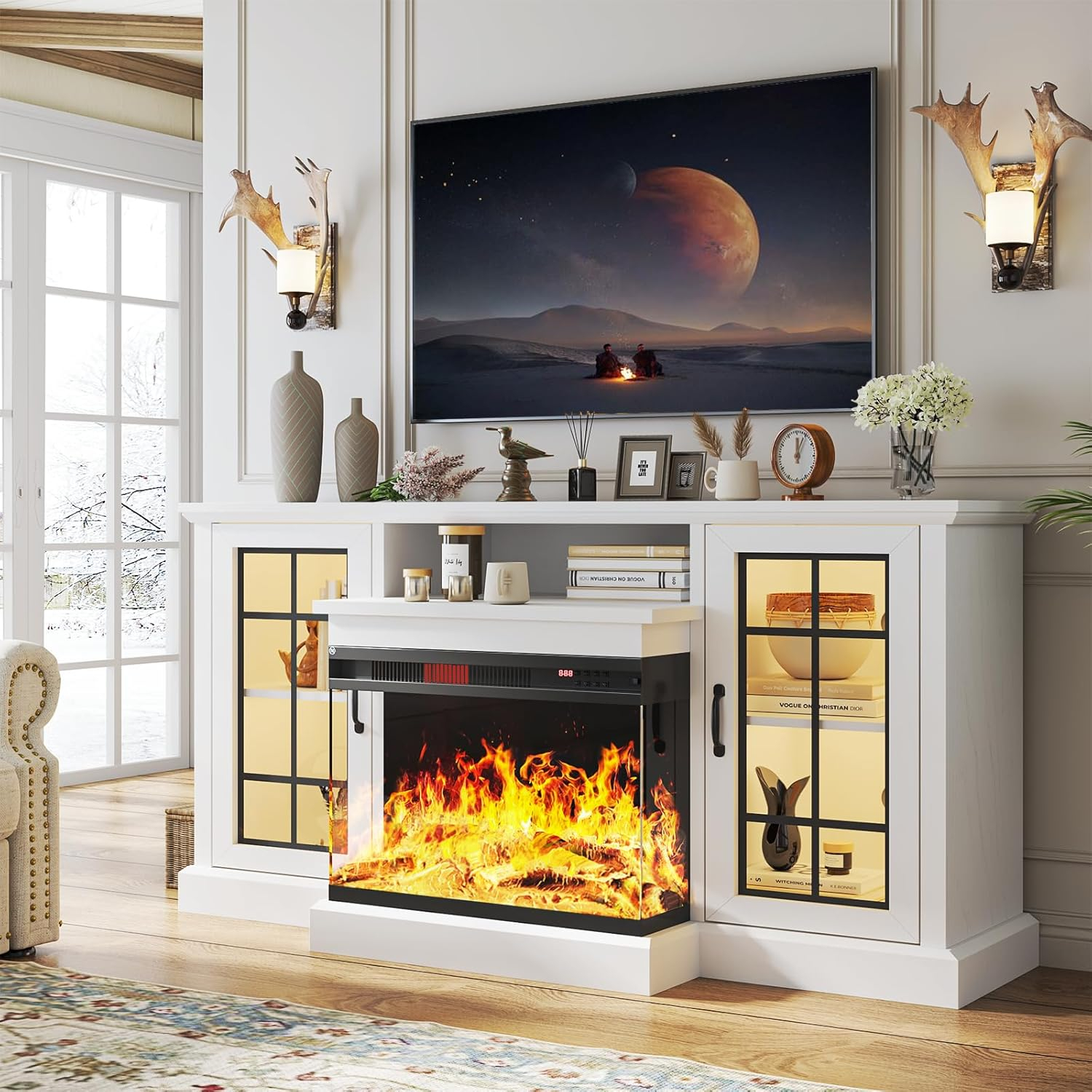 Fireplace TV Stand with 3-Sided Glass Electric Fireplace, 59" Entertainment Center, Distressed White