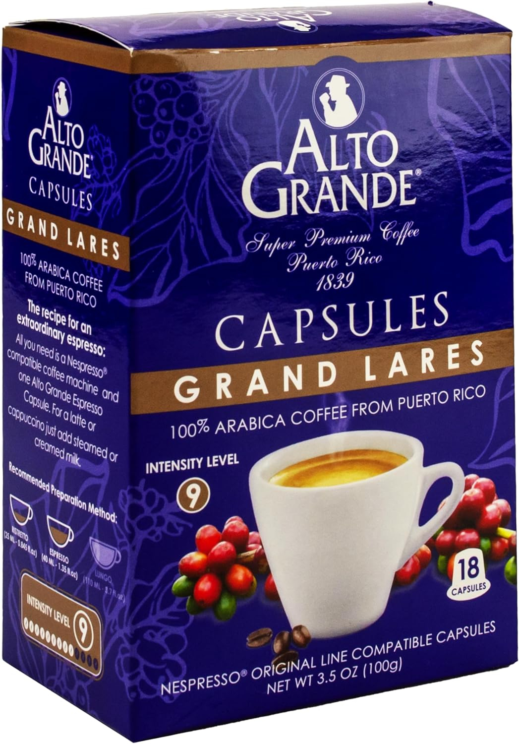 Alto Grande Super Premium Capsules for Nespresso Machines, 100 Percent Arabica Coffee From Puerto Rico (Grand Lares, 18 Count)