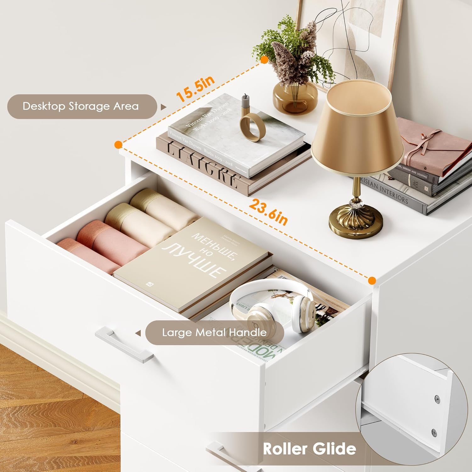 TTVIEW White Dresser, Chest of Drawers with Mental Handles, Tall White Dresser with 5 Drawers, Tall Dressers for Living Room, Kitchen, Entryway