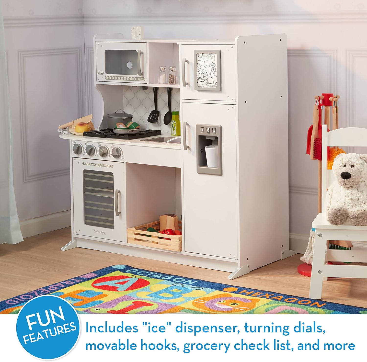 Melissa & Doug Wooden Chef’s Pretend Play Toy Kitchen With “Ice” Cube Dispenser – Cloud White - FSC Certified
