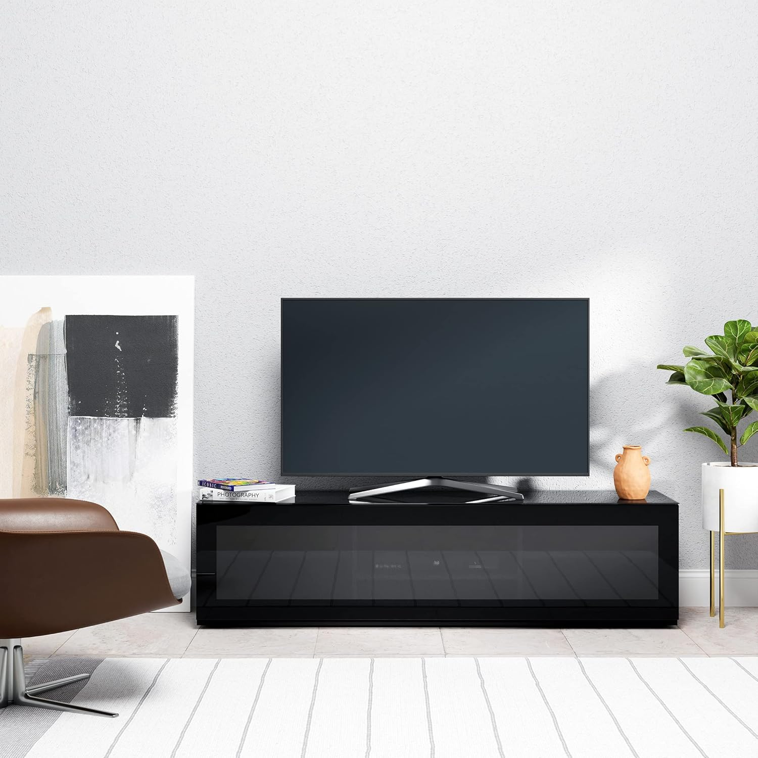 SONOROUS Studio ST-160B I/R Friendly Wood and Glass TV Stand with Hidden Wheels for Sizes up to 75" (Modern Design with 6 Shelves for Your Audio/Video Components and Consoles) - Black Glass Cover