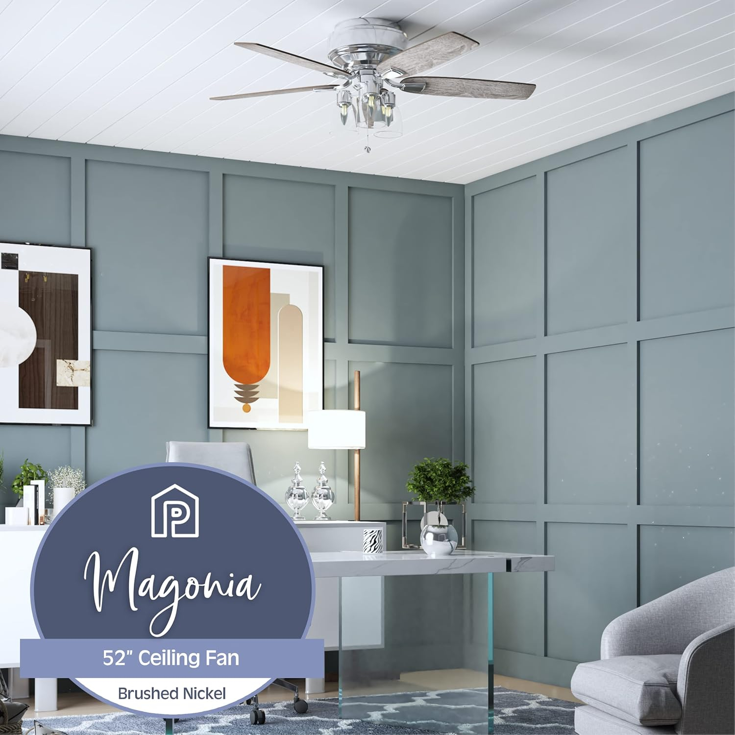 Prominence Home 51669-45 Magonia 52 in. Farmhouse Style Flush Mount LED Ceiling Fan with Light - Brushed Nickel