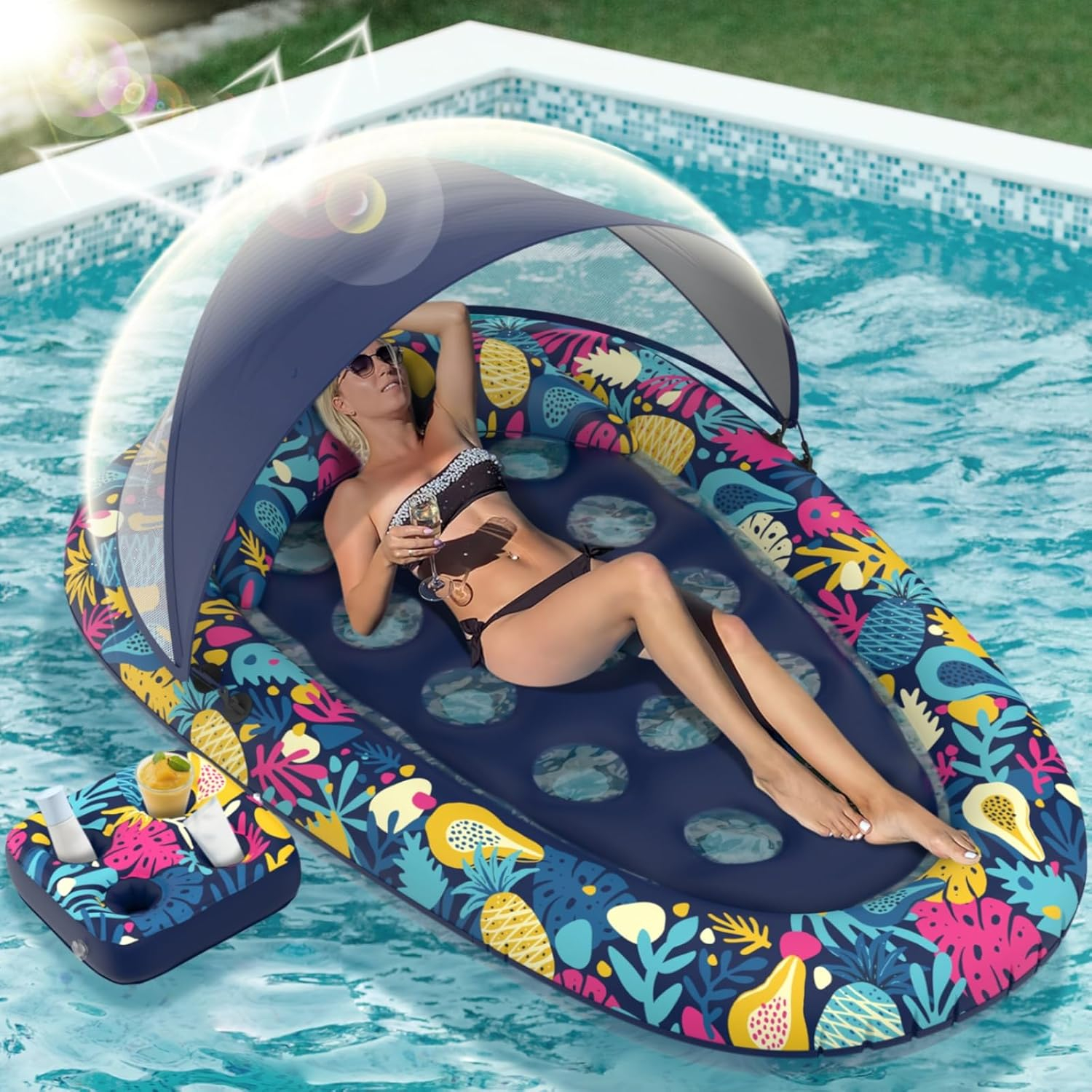 3-in-1 Pool Floats with Canopy Cup Holder, XL Large 73" x 48" Inflatable Pool Floats for Adults Lounger Raft Floating Chair for Swimming Pool Lake Water Lounge Float Beach Pool Party Toys