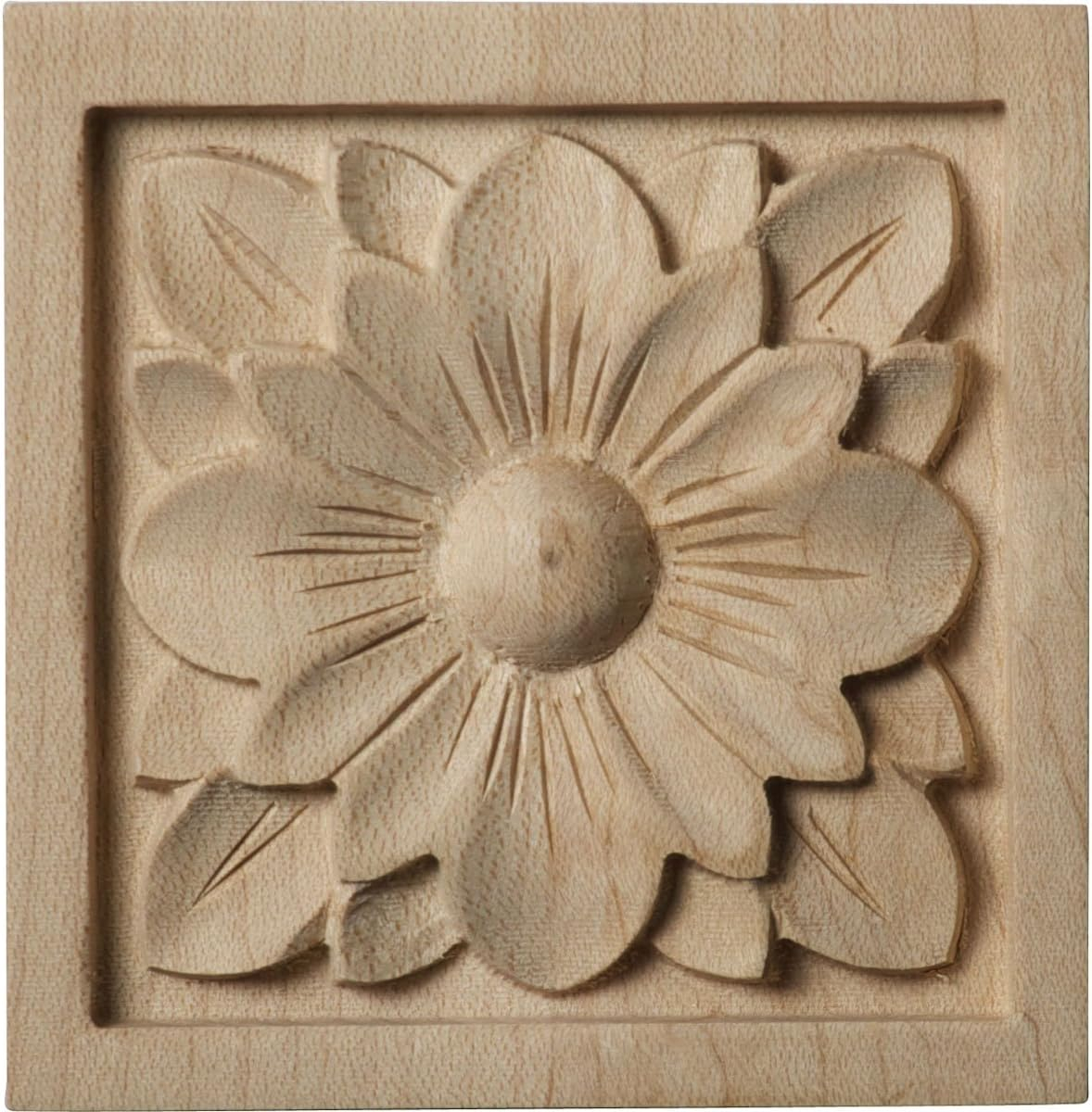 Ekena Millwork ROS03X03X00DGMA-CASE-4 Small Dogwood Flower Square Rosette, 3"W x 3"H x 5/8"P, Maple, 4 Pack
