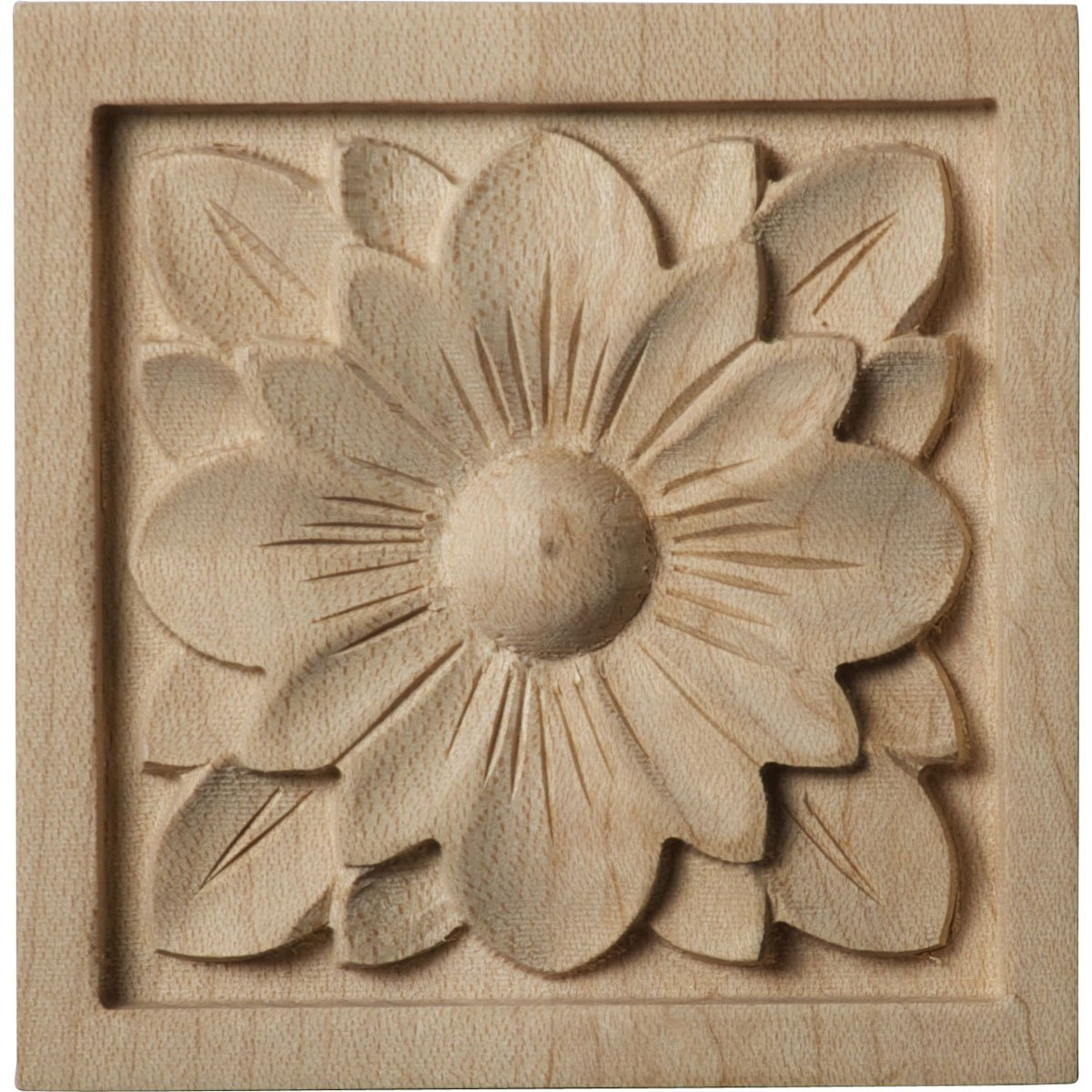 Ekena Millwork ROS03X03X00DGMA-CASE-4 Small Dogwood Flower Square Rosette, 3"W x 3"H x 5/8"P, Maple, 4 Pack