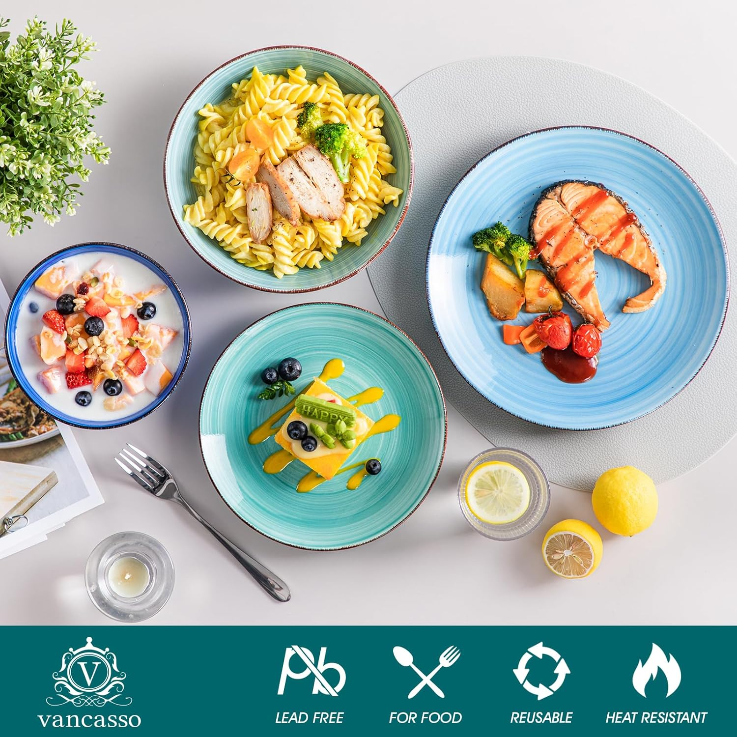 vancasso Bonita Dinnerware Set Blue Stoneware 24 Pieces Service for 6, Handpainted Spirals Pattern Stoneware Combination Set