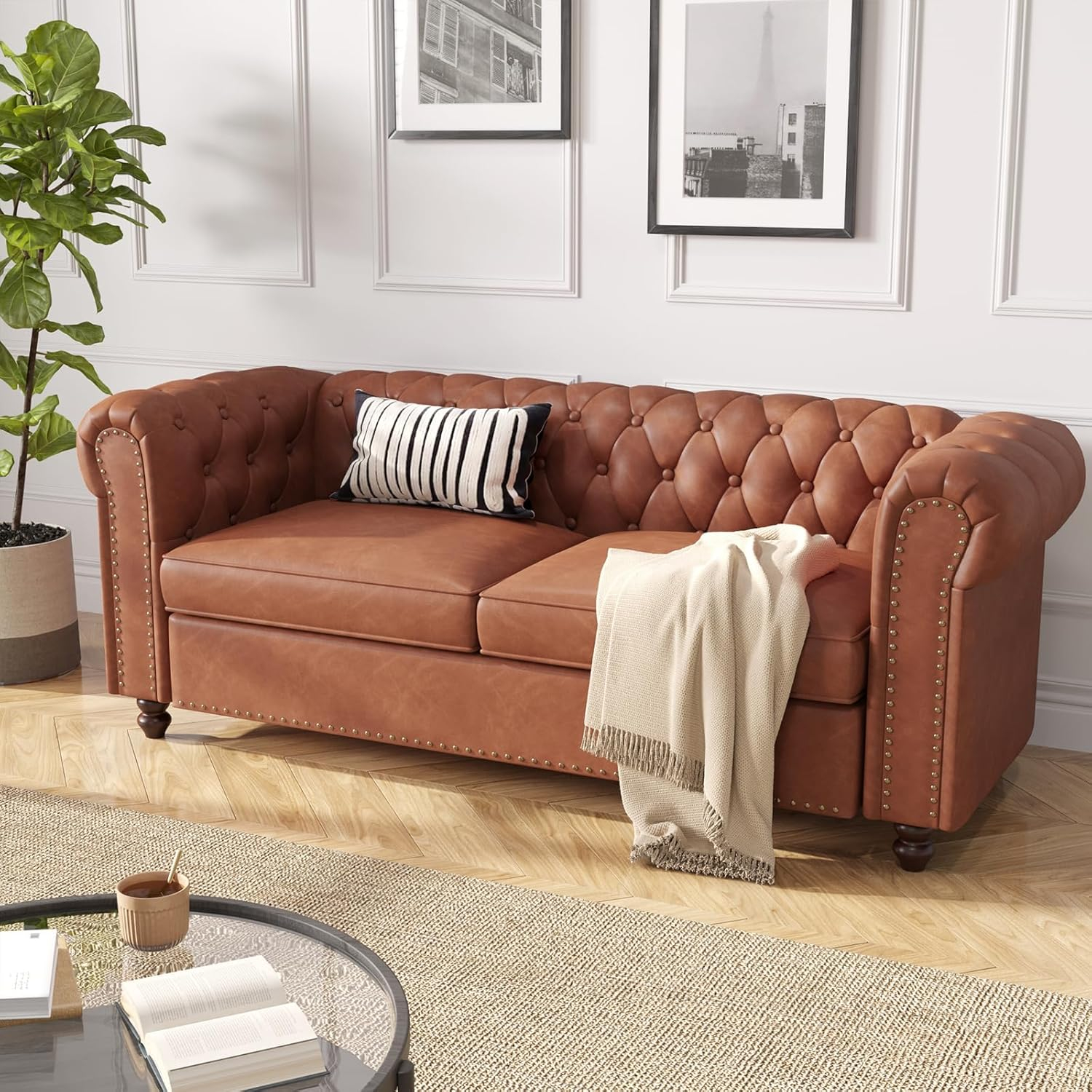 72 Inch Brown Couch, Chesterfield Faux Leather Sofa with Wooden Legs, Vintage Tufted Sofa with Rolled Arms, Mid Century Modern Couch with Rivets for Living Room, Apartment, Office