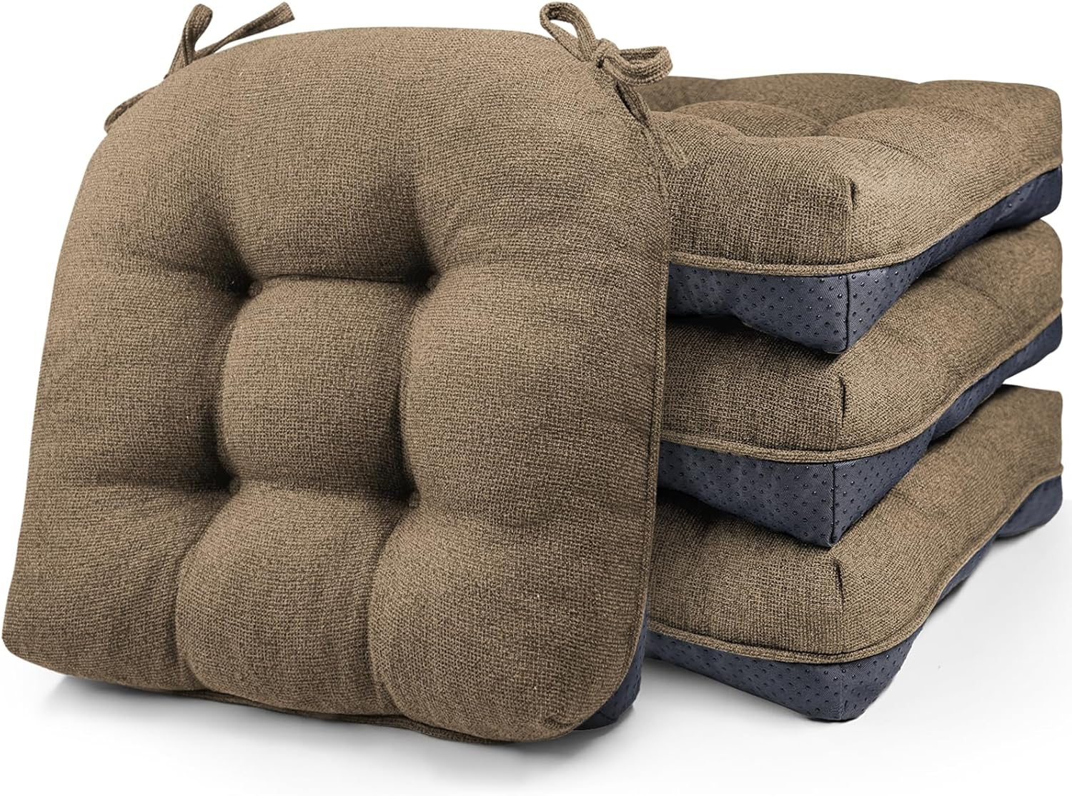 Chair Cushions for Dining Chairs Set of 4, Non Slip Tufted Kitchen Chair Cushions with Ties, Shredded Memory Foam Kitchen Chair Pads, 15.5" x 15.5" x 4", Brown