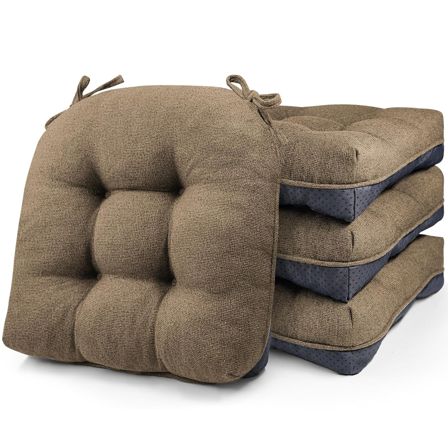 Chair Cushions for Dining Chairs Set of 4, Non Slip Tufted Kitchen Chair Cushions with Ties, Shredded Memory Foam Kitchen Chair Pads, 15.5" x 15.5" x 4", Brown