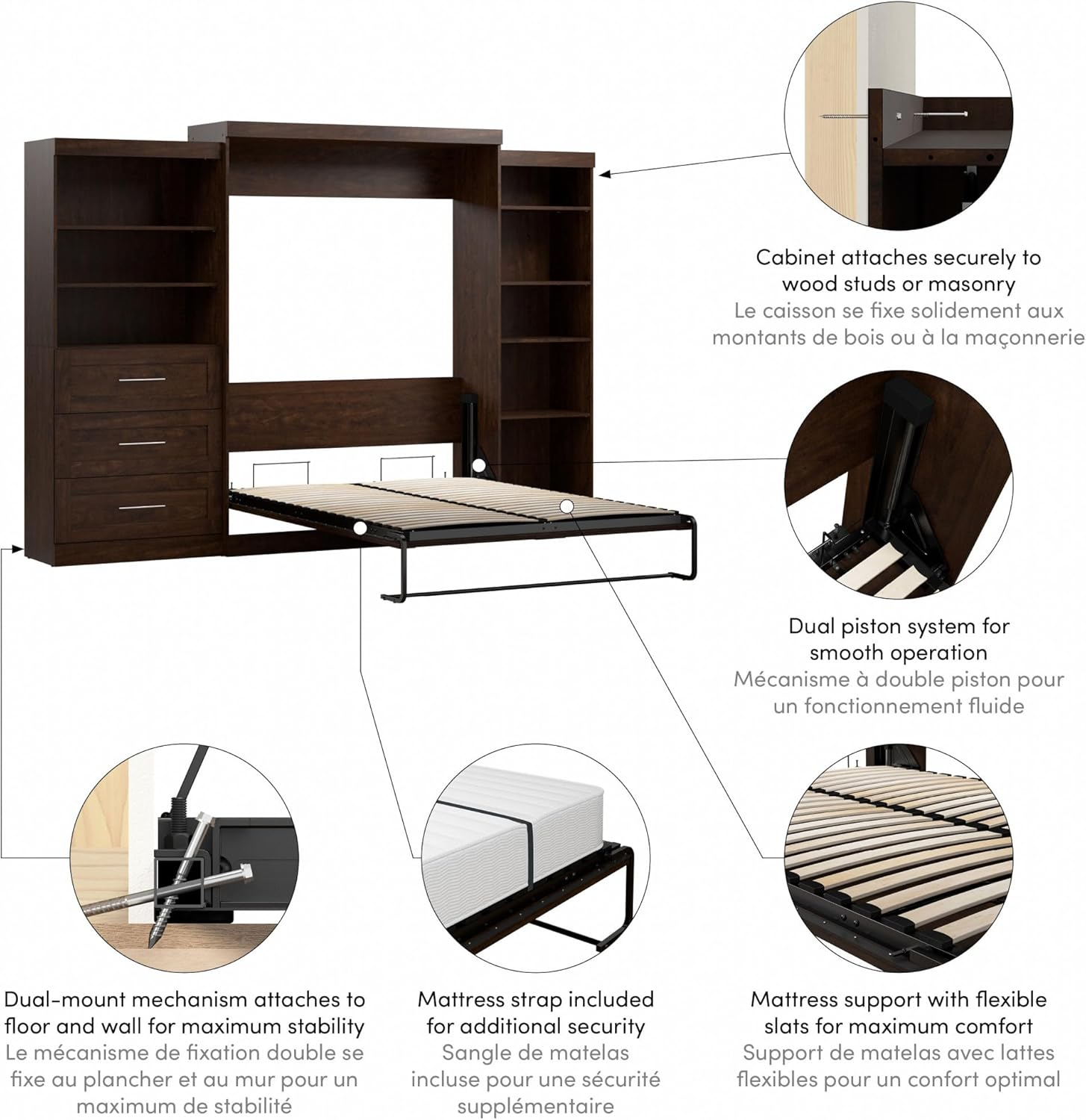 Chocolate Brown Queen Murphy Bed with Storage and Shelving