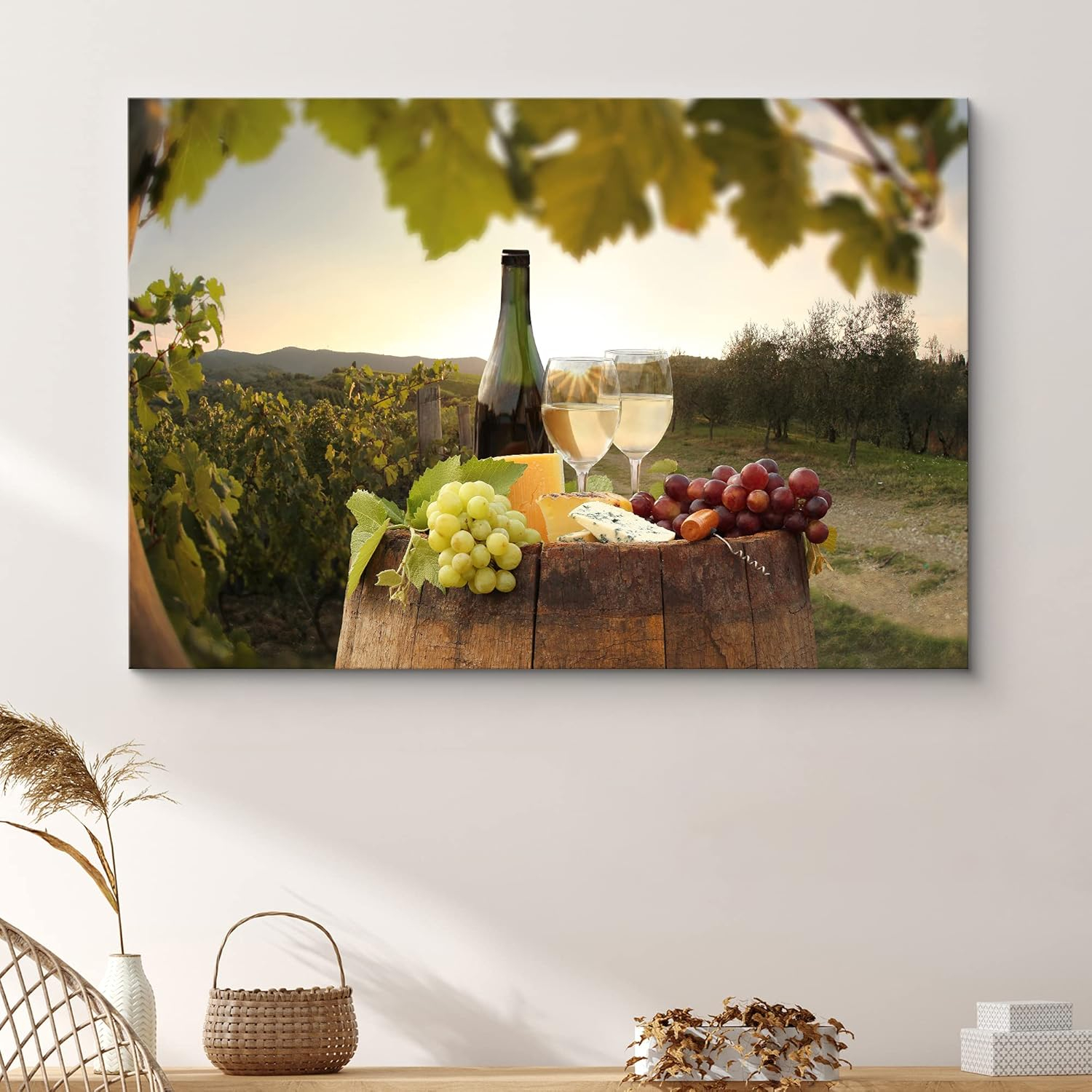 Asdg12s-Canvas Print Wall Art White Wine with Blue Cheese & Red and White Grapes Drinks Cocktails Photography Modern Art Chic Scenic Ultra for Living Room, Bedroom, Office - 32"x48"