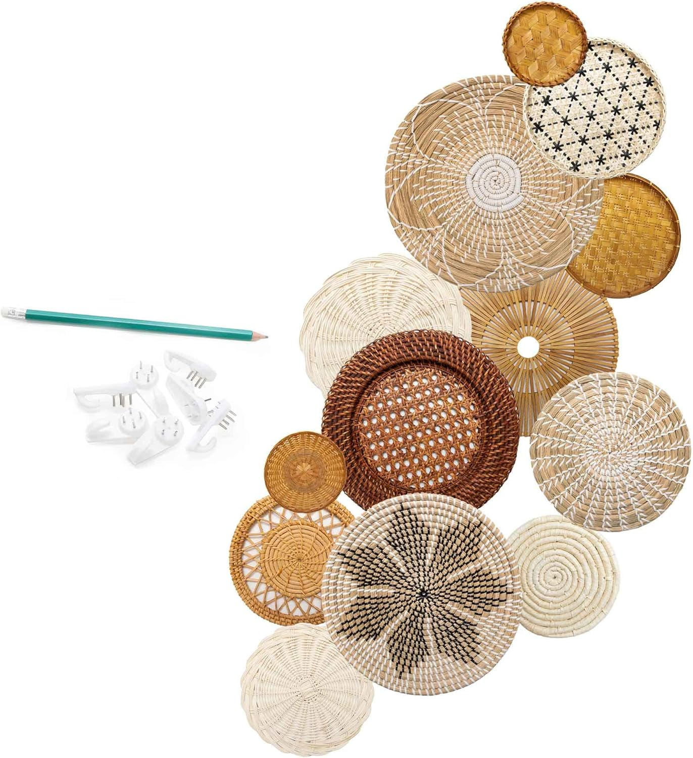 Hanging Woven Wall Basket Set - 7 Unique Handcrafted Seagrass Baskets for Boho, Farmhouse & Rustic Wall Decor, Table Settings & More - Ready to Hang with Nails & Marking Pencil Included