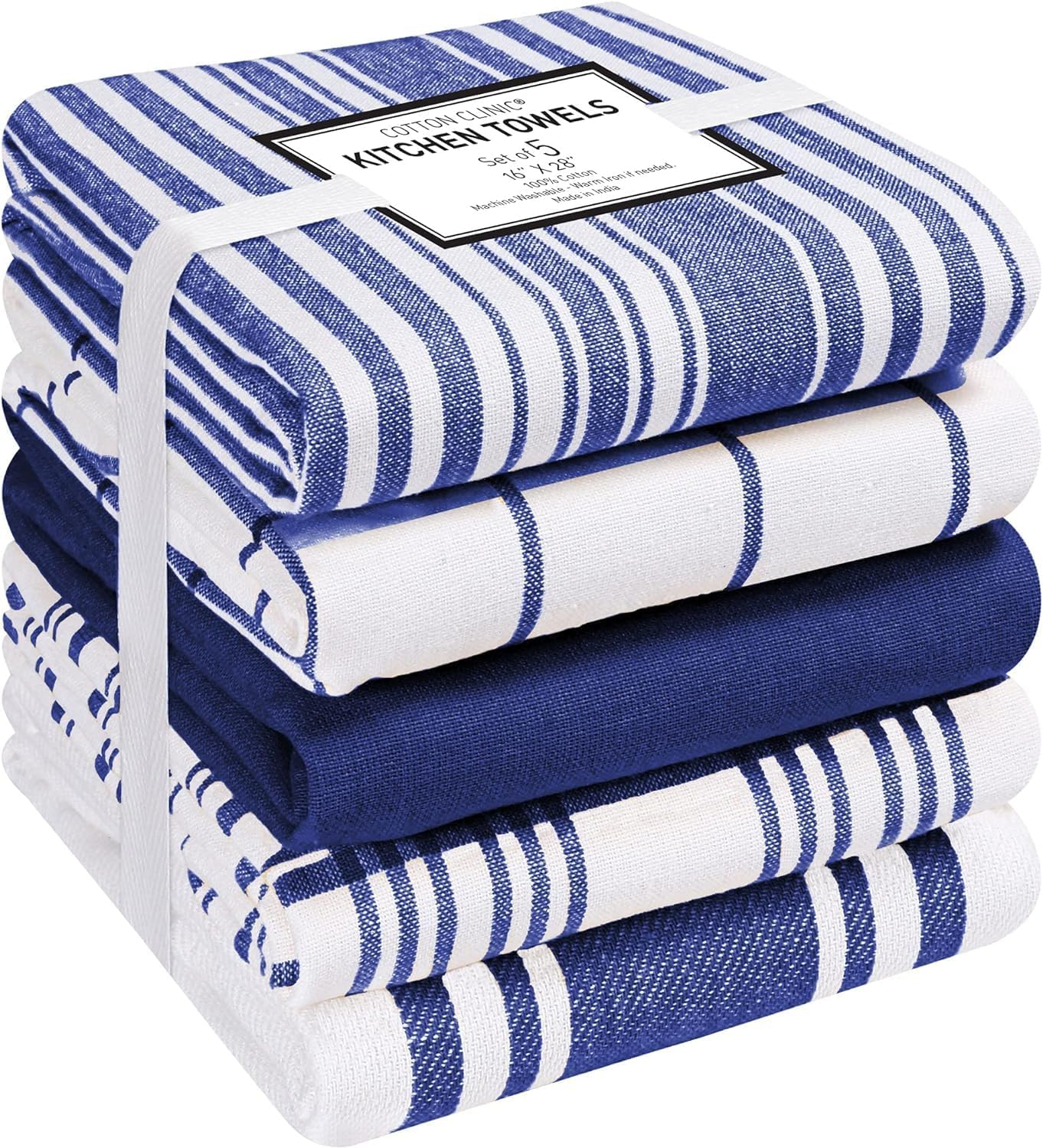 Cotton Clinic Assorted Kitchen Linen 5 Pack Soft Absorbent Quick Drying Table & Kitchen Towels with Hanging Loop 16x28 / Navy White