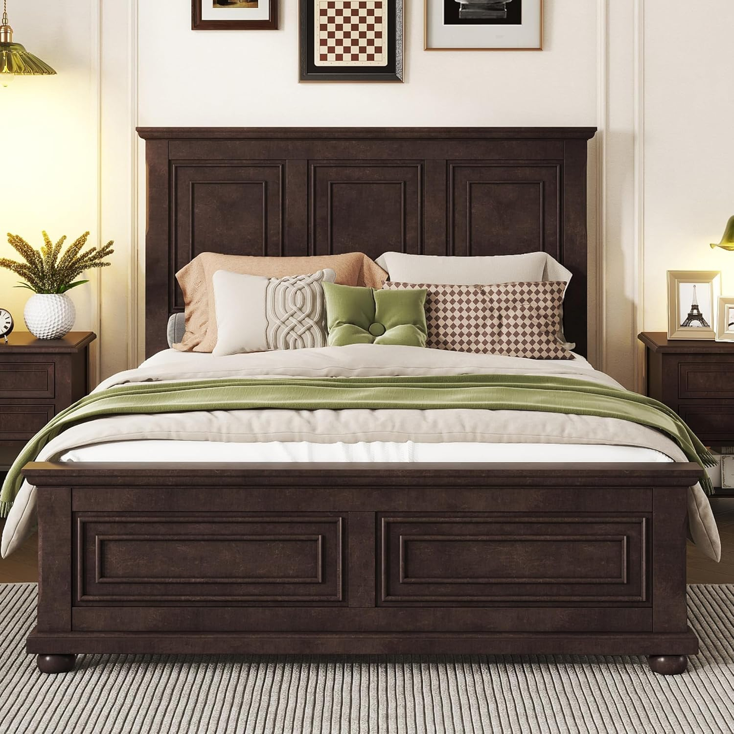 King Size Platform Bed with Tall Headboard & Footboard, Pinewood King Bed Frame with Wood Panel Bed Base, No Squeak, No Box Spring Needed, Traditional Style, Brown
